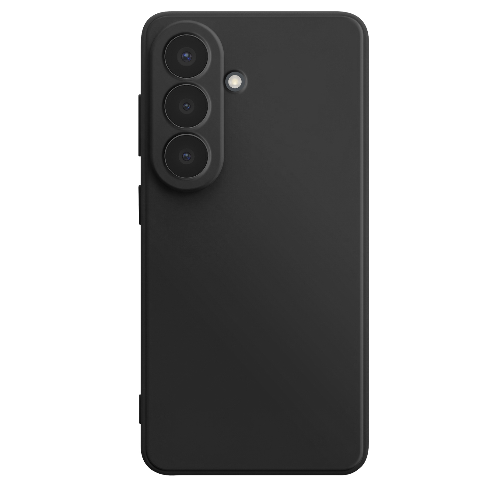 Zwarte smartphone met drie camera's aan de achterkant en een flitser.