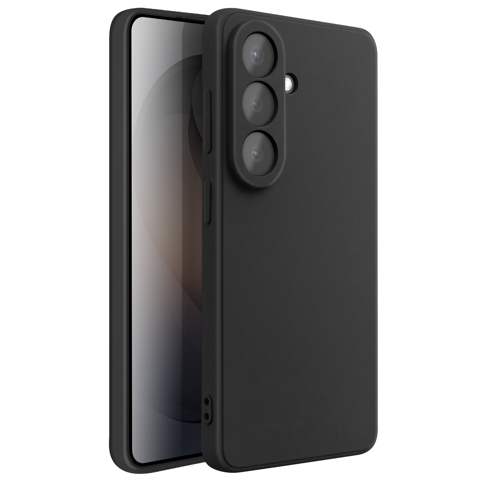 Een zwarte smartphone met drievoudige camera, voorzien van beschermhoes, op witte achtergrond.