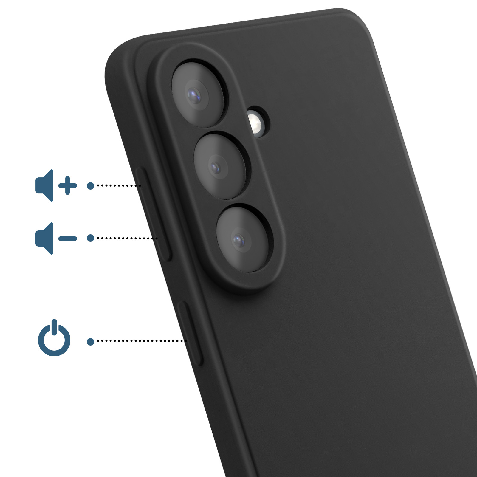 Zwarte telefoon met drie camera's en volume/aan-uit-iconen.