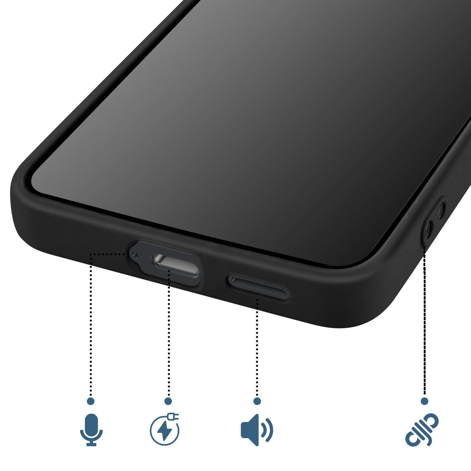 Close-up van een zwarte telefoonhoes met poorten, microfoon-, laad- en luidsprekerpictogrammen.