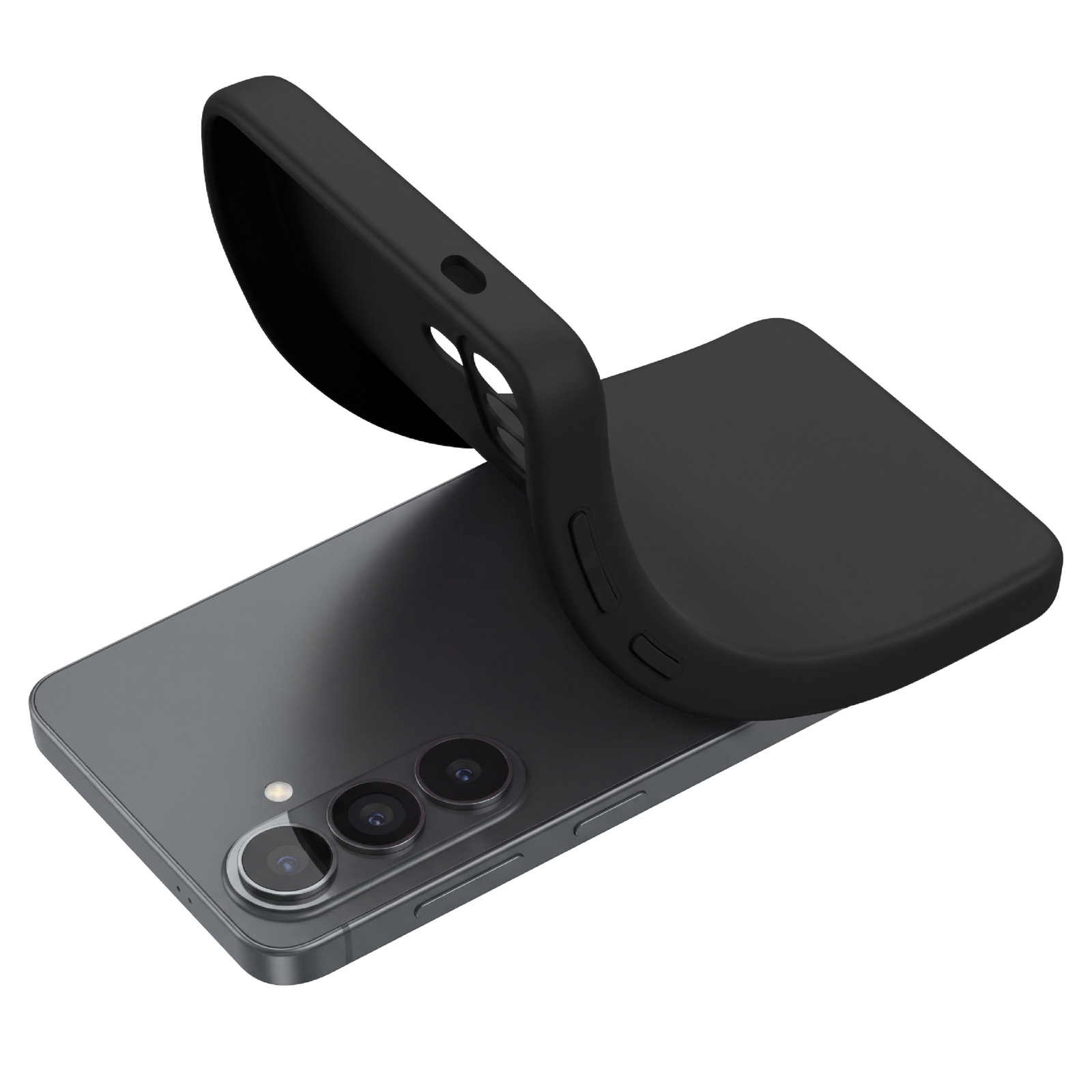 Een zwarte smartphone met een flexibele hoes er gedeeltelijk overheen.
