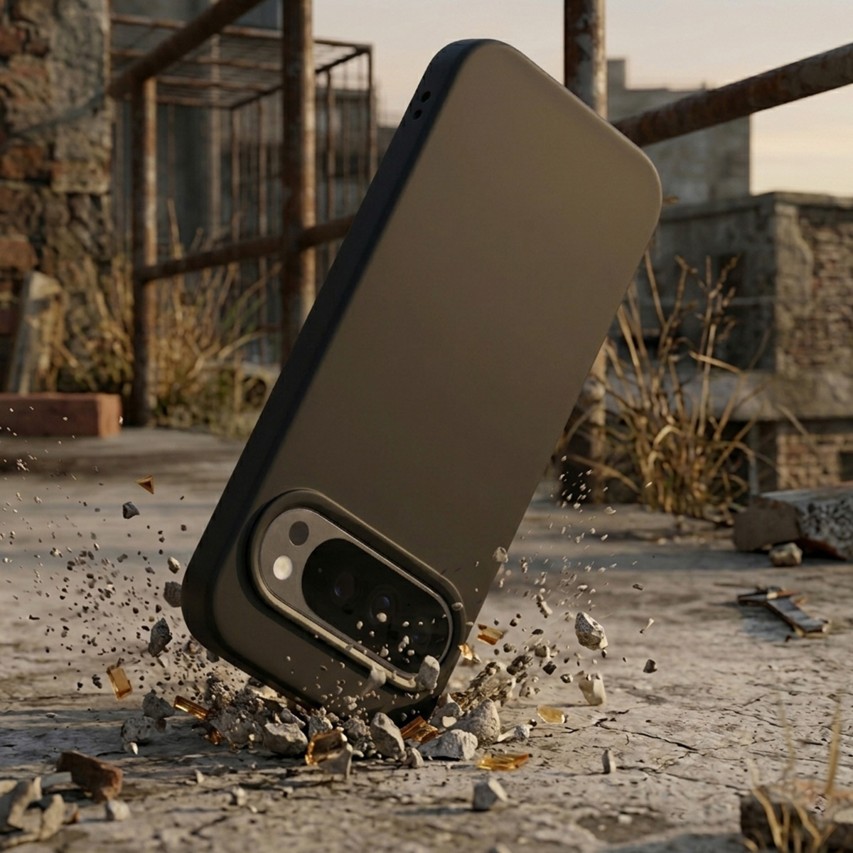 Un téléphone noir tombe sur un sol rocailleux, projetant des pierres.