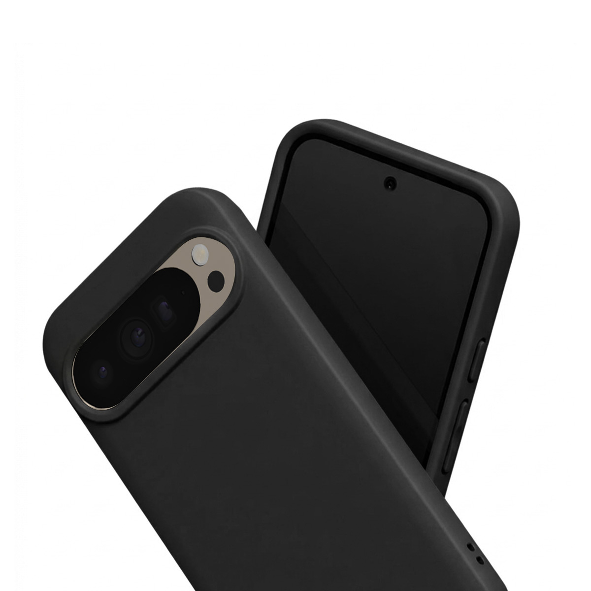 Smartphone noir avec appareil photo et coque sur fond blanc.