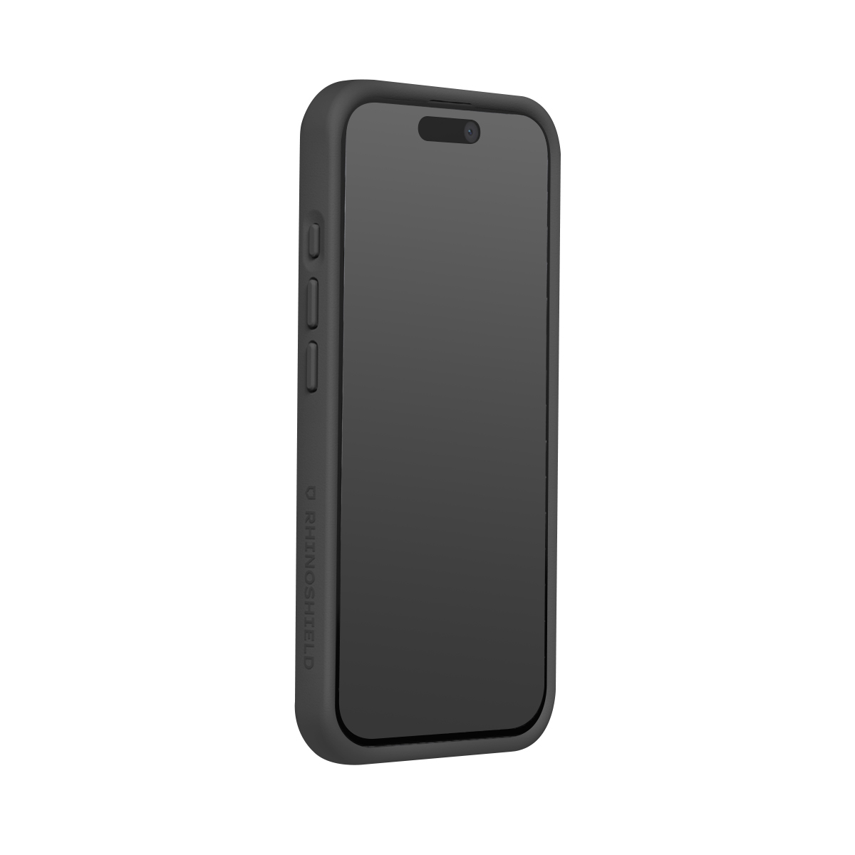 Un smartphone noir dans un étui avec logo "RHINOSHIELD", sur fond blanc.