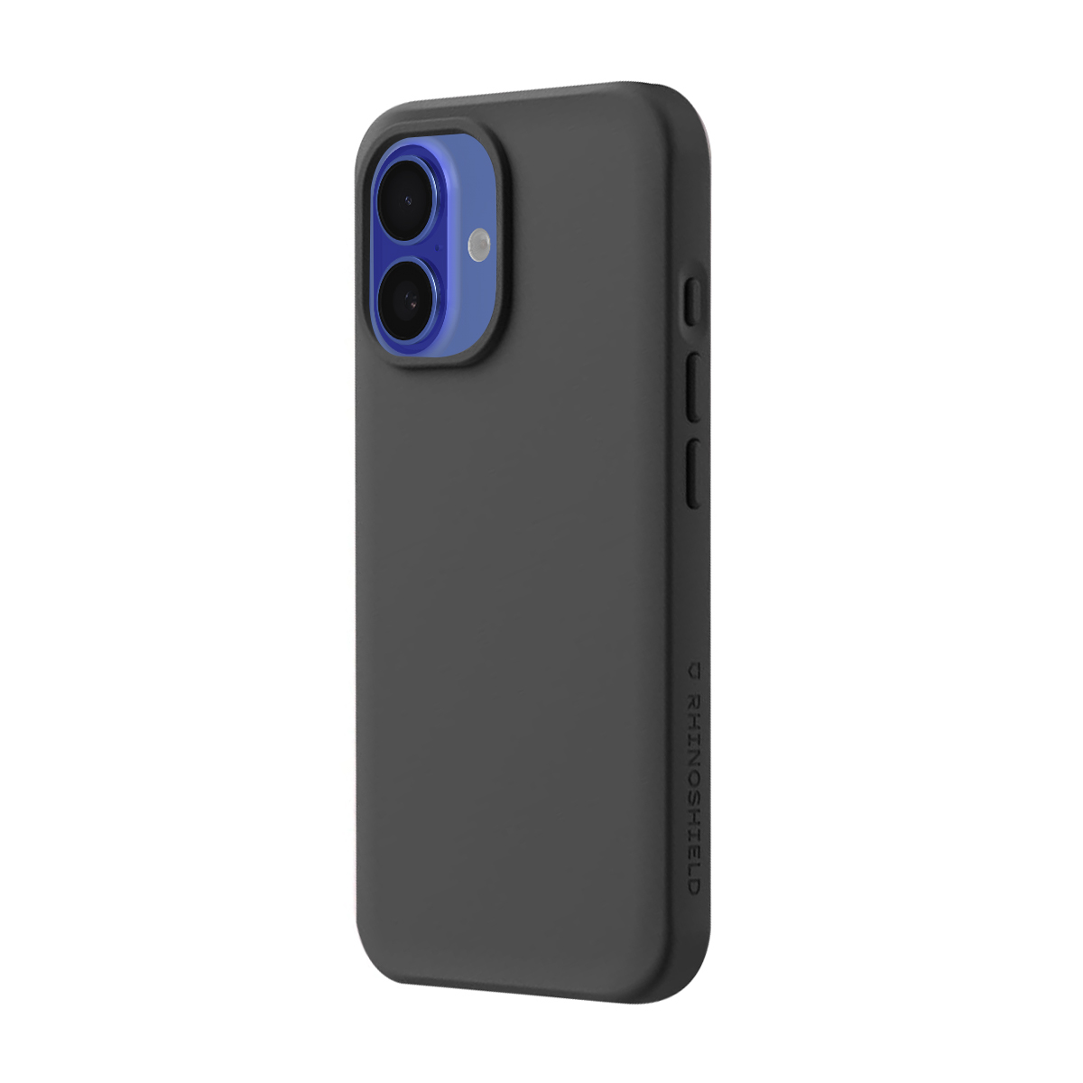 Une coque de téléphone noire avec un contour de module caméra bleu.