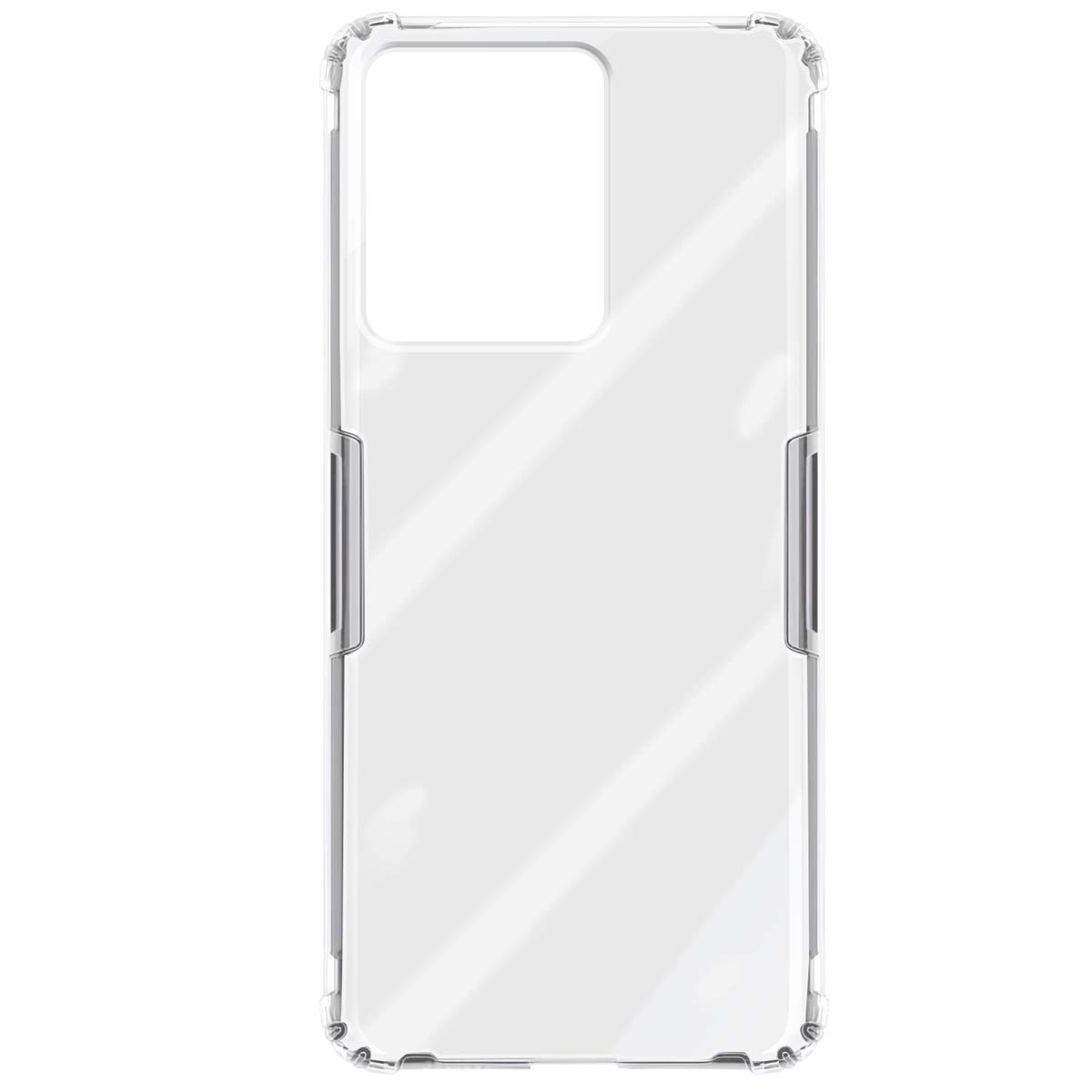 Una cover trasparente per telefono con ritaglio fotocamera rettangolare.
