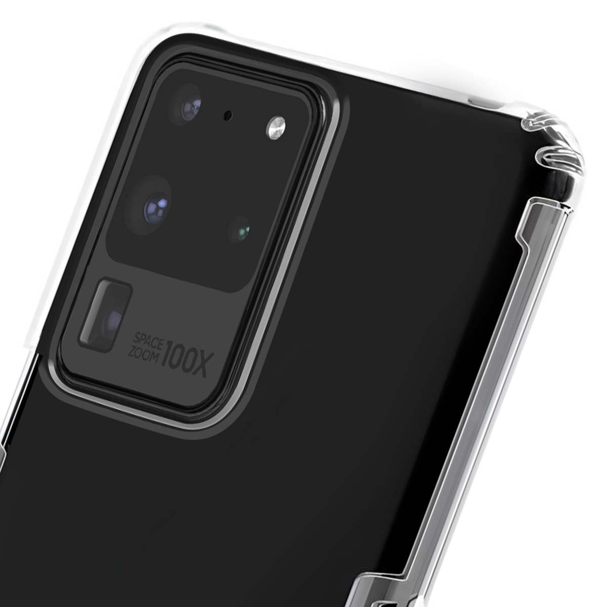 Primo piano di uno smartphone nero in custodia trasparente, che mostra l'isola della fotocamera.