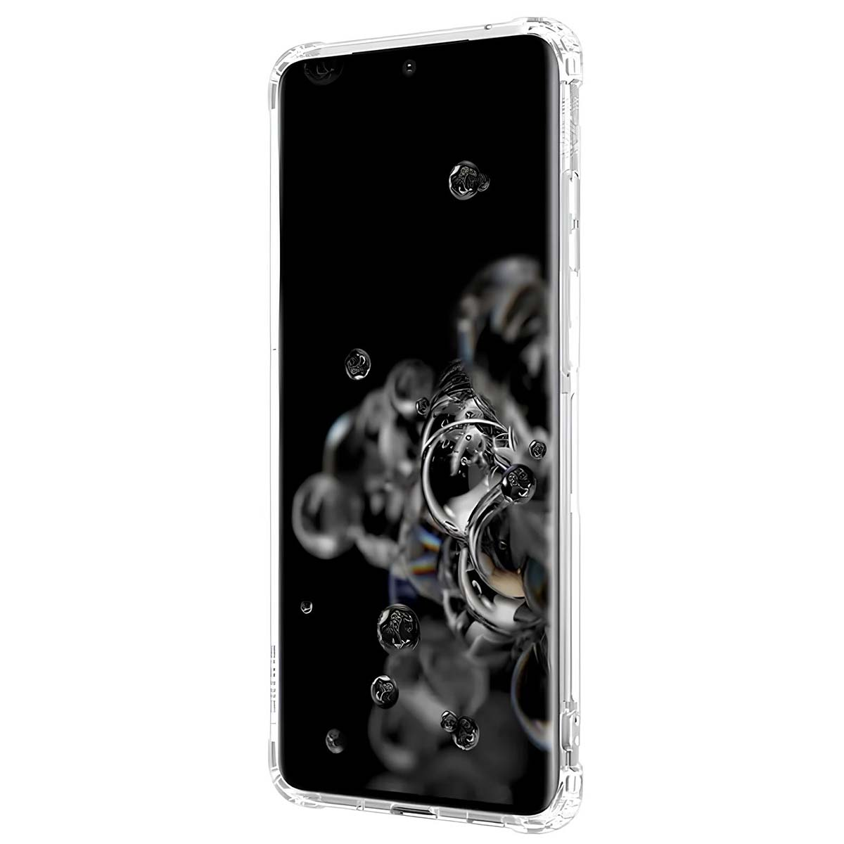 Una custodia trasparente per telefono con sfondo nero e gocce d'acqua.