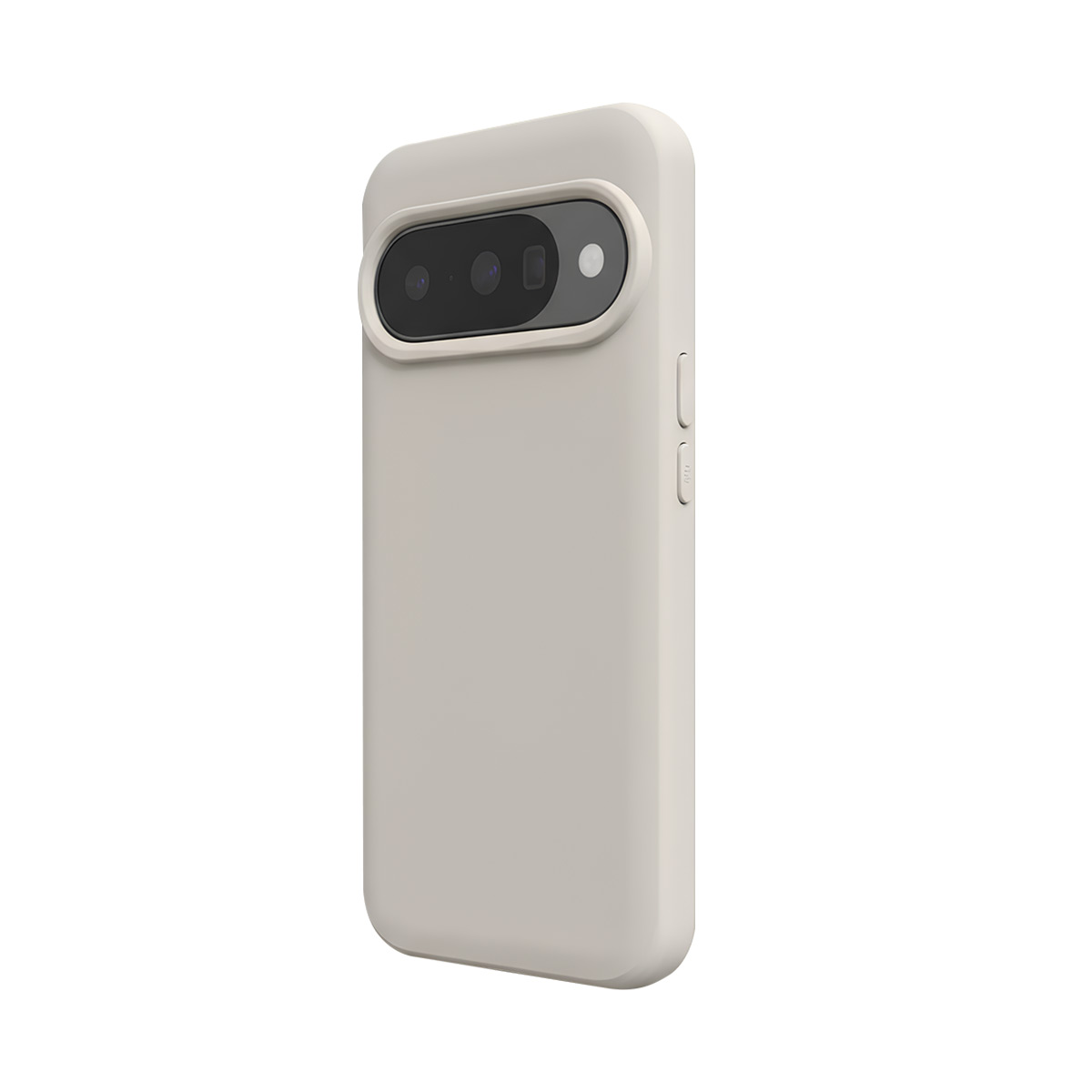 Een lichtgekleurde telefoonhoes met een rechthoekige cameralens aan de achterkant.