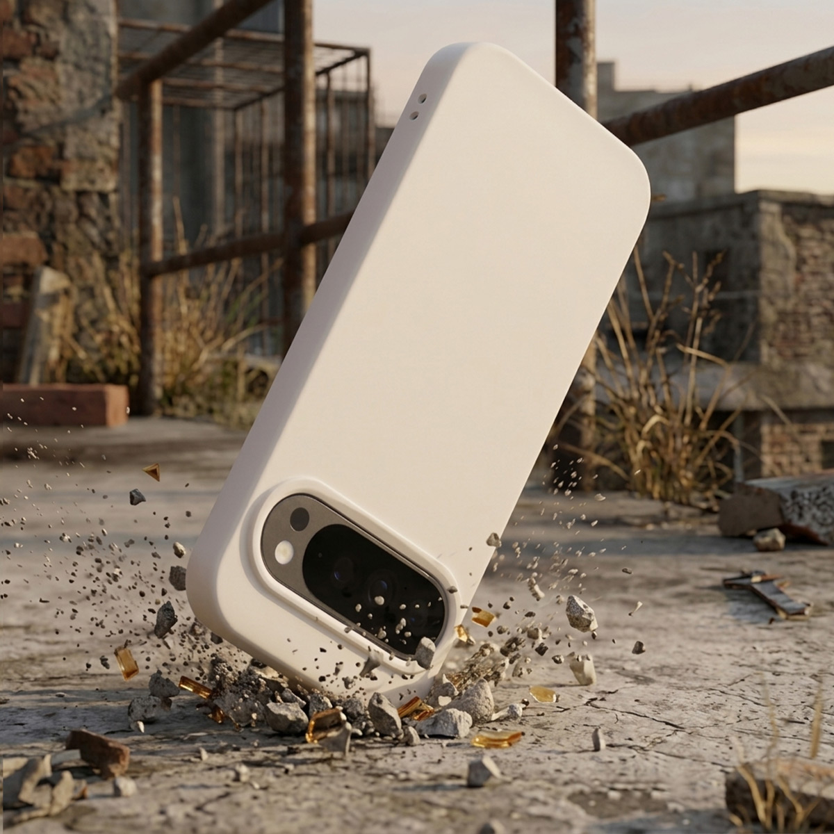 Een witte telefoonhoes valt op puin, camera's zijn zichtbaar.