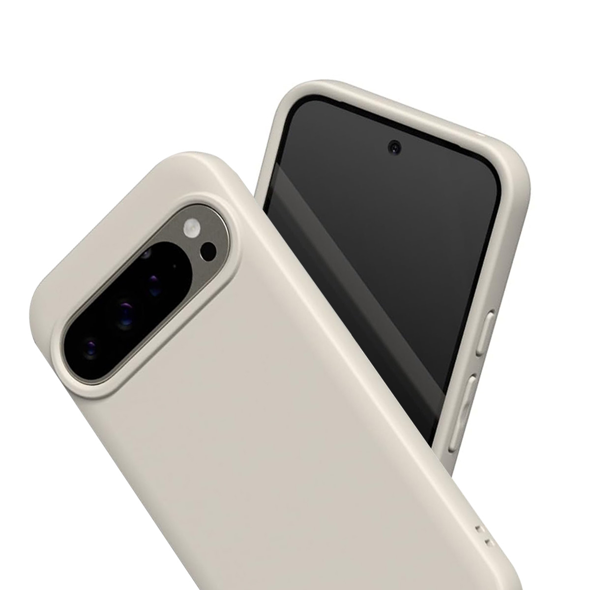 Een witte telefoonhoes met een camera-array en een donker scherm.
