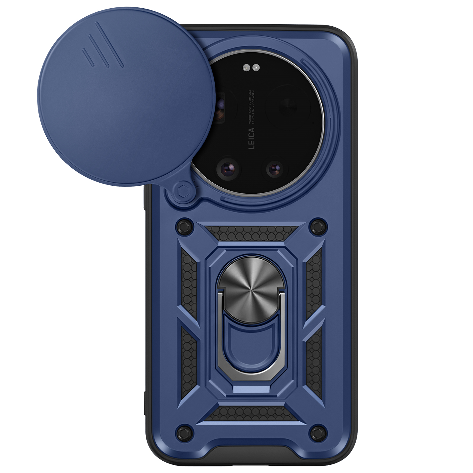 Une coque de téléphone bleue avec curseur de protection d'appareil photo et anneau.