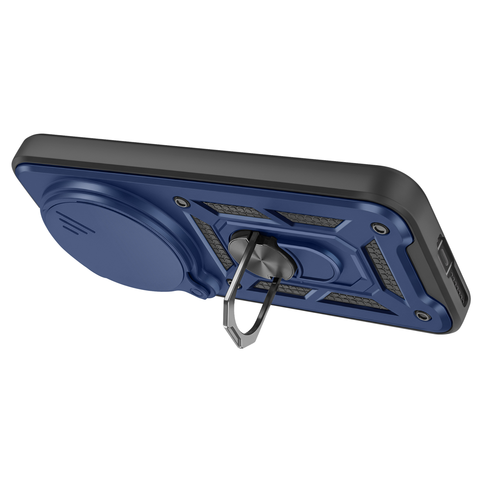 Coque de téléphone bleue avec un support bague argenté sur fond blanc.