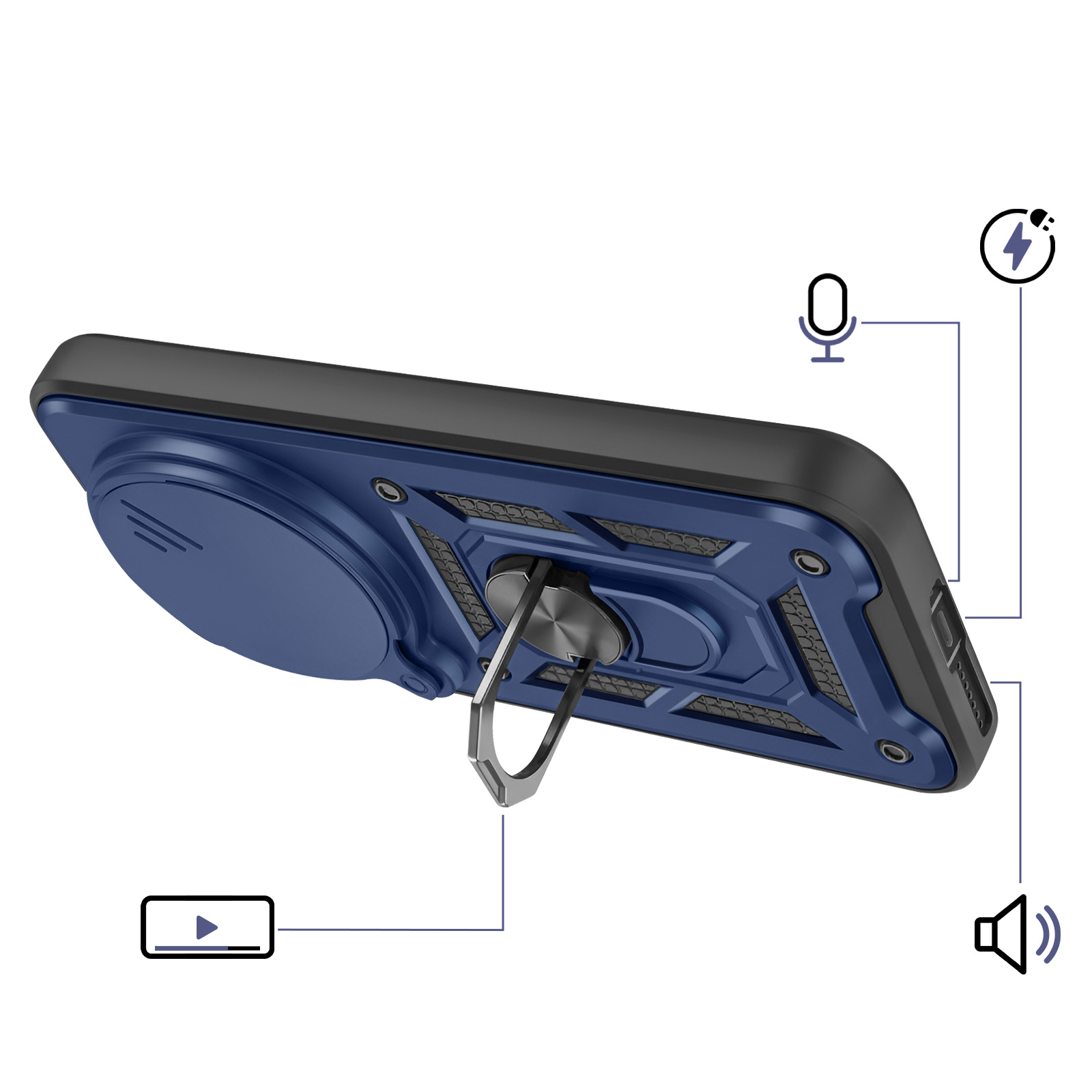 Une coque de téléphone bleue avec un support anneau, icônes micro, charge et haut-parleur.