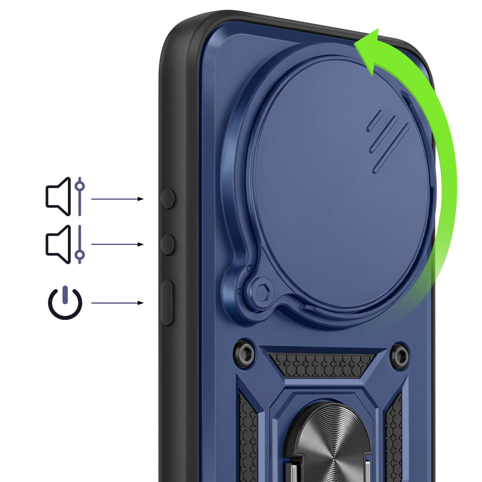 Coque de téléphone bleue avec boutons volume, alimentation et cadran rotatif.