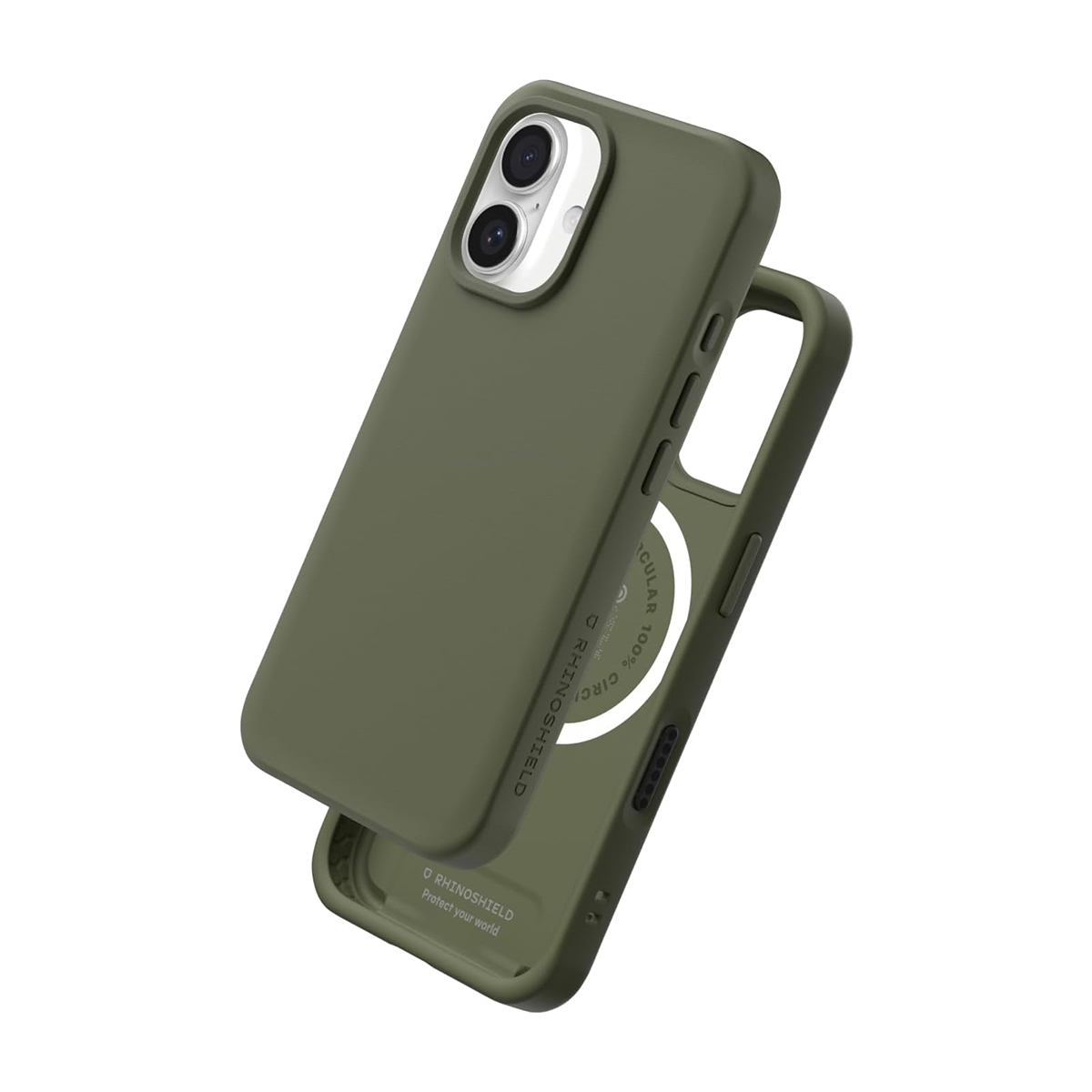 Due cover verdi oliva per iPhone, una sopra l'altra, mostrano i dettagli della fotocamera.