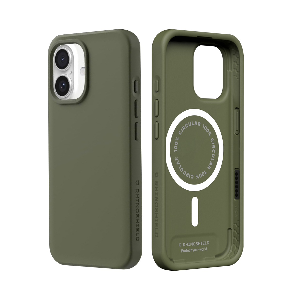Due custodie verdi oliva per iPhone, vista frontale e interna.