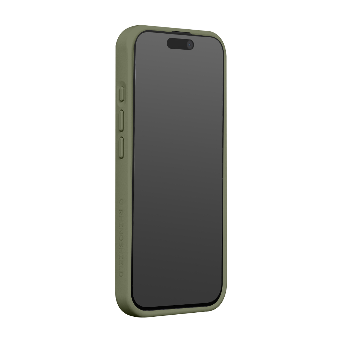 Una custodia per telefono verde oliva con schermo scuro, su sfondo bianco.