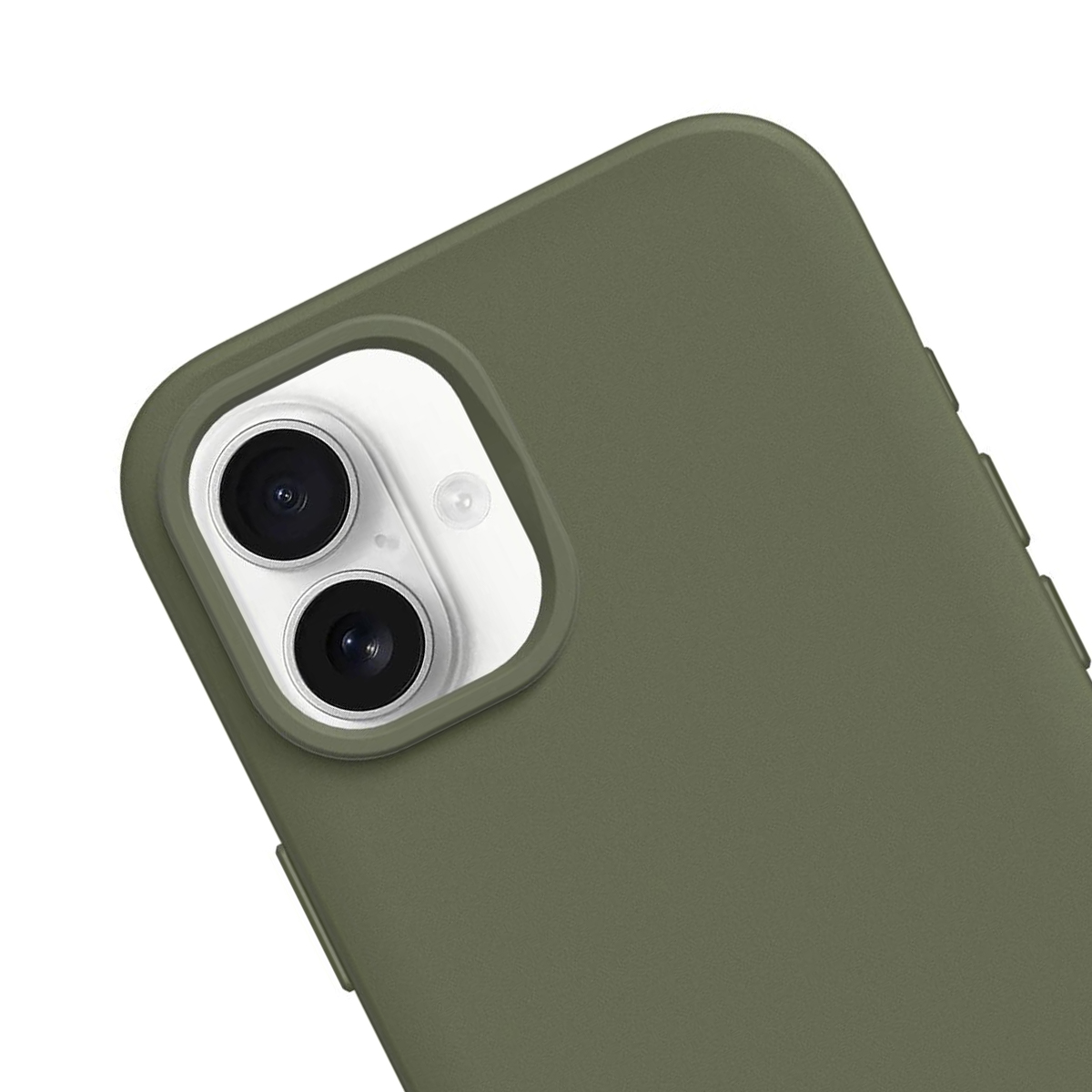 Retro di una cover per telefono verde oliva con modulo fotocamera.