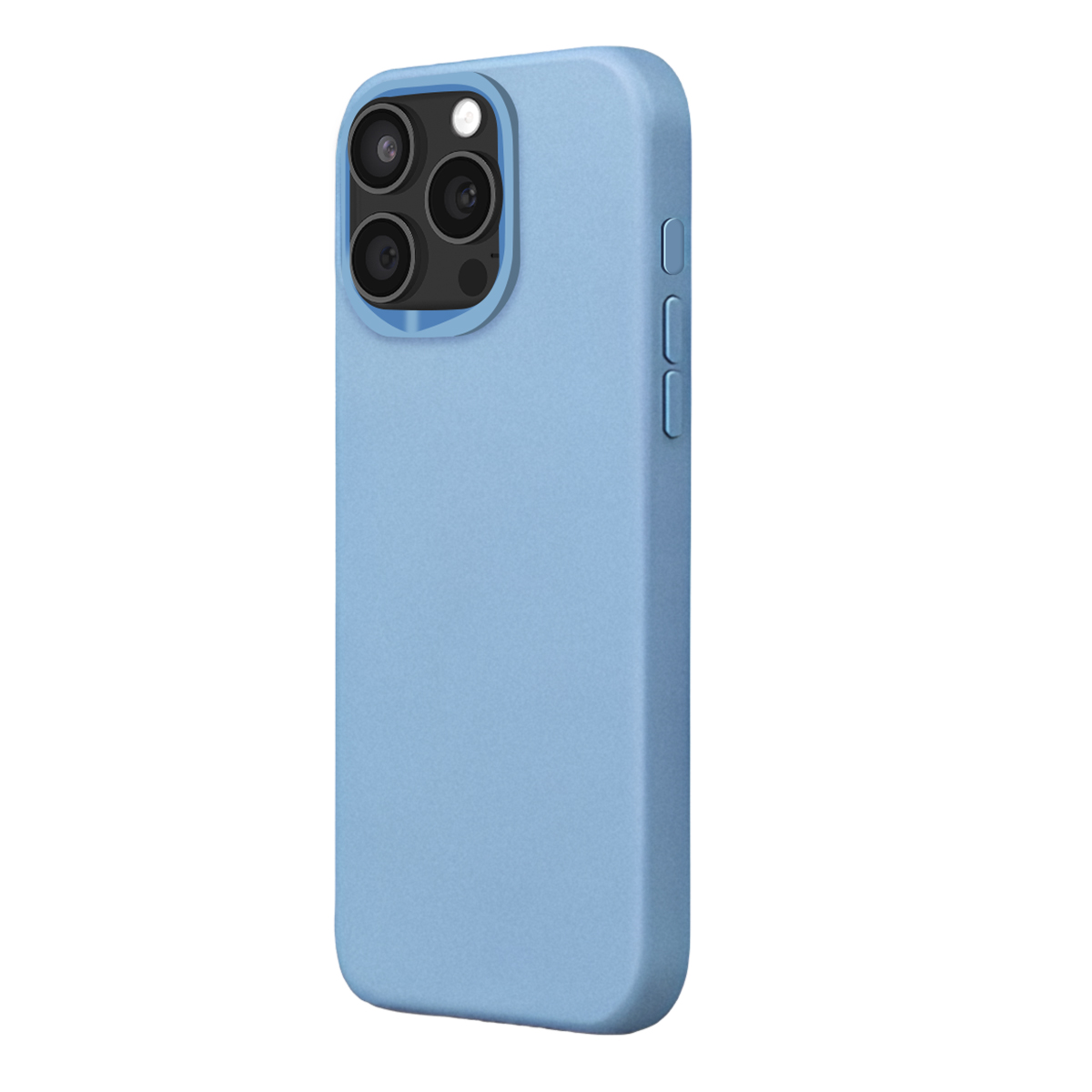 Een lichtblauwe telefoonhoes met cameralens en drie knoppen aan de zijkant.