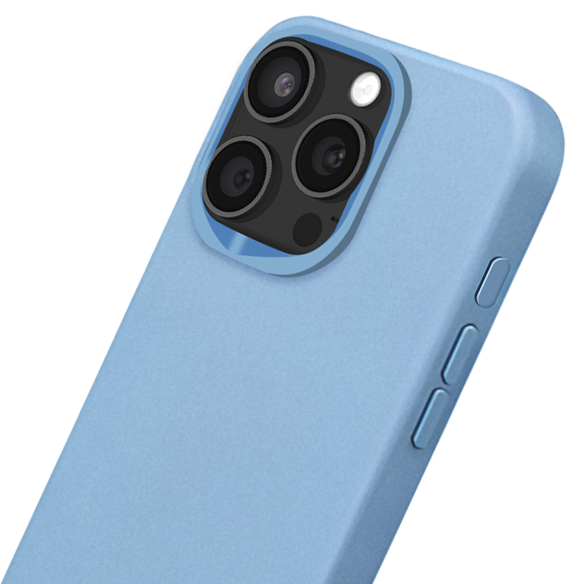 Lichtblauwe telefoonhoes met drievoudige camera en flitser. Knoppen aan de zijkant.