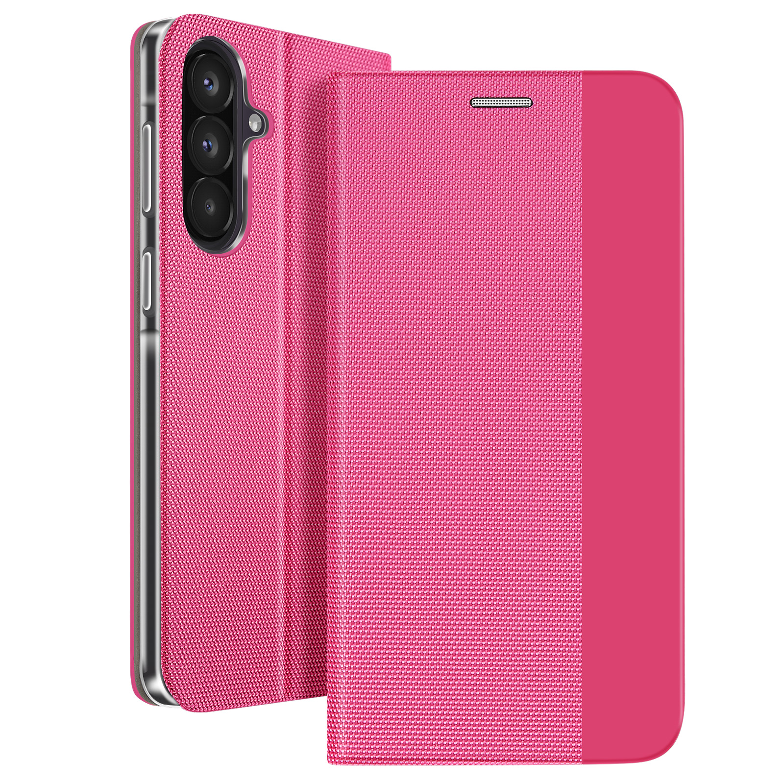 Una custodia per telefono rosa con texture in tessuto e ritaglio fotocamera.