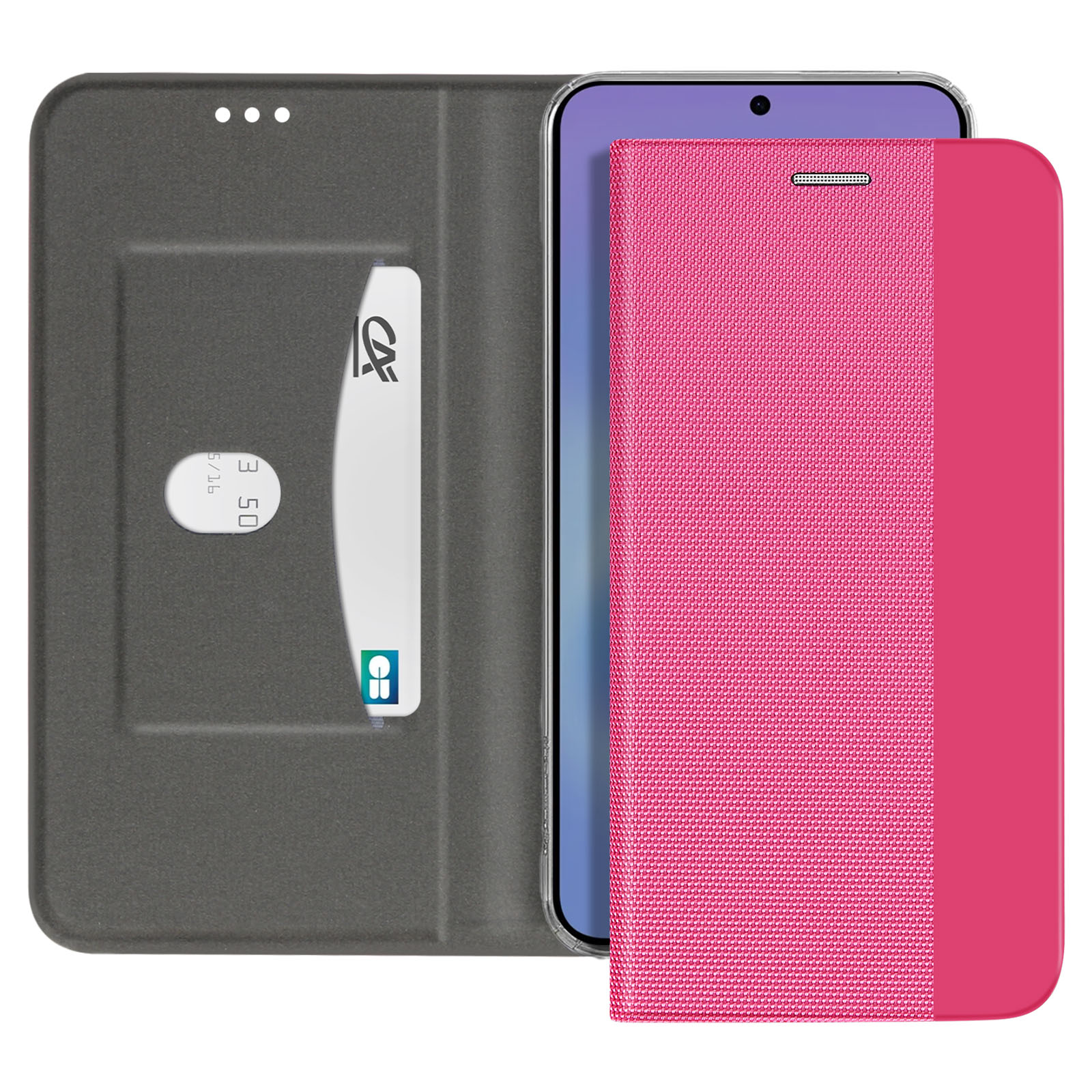 Una custodia rosa per telefono con slot per carte e uno smartphone.