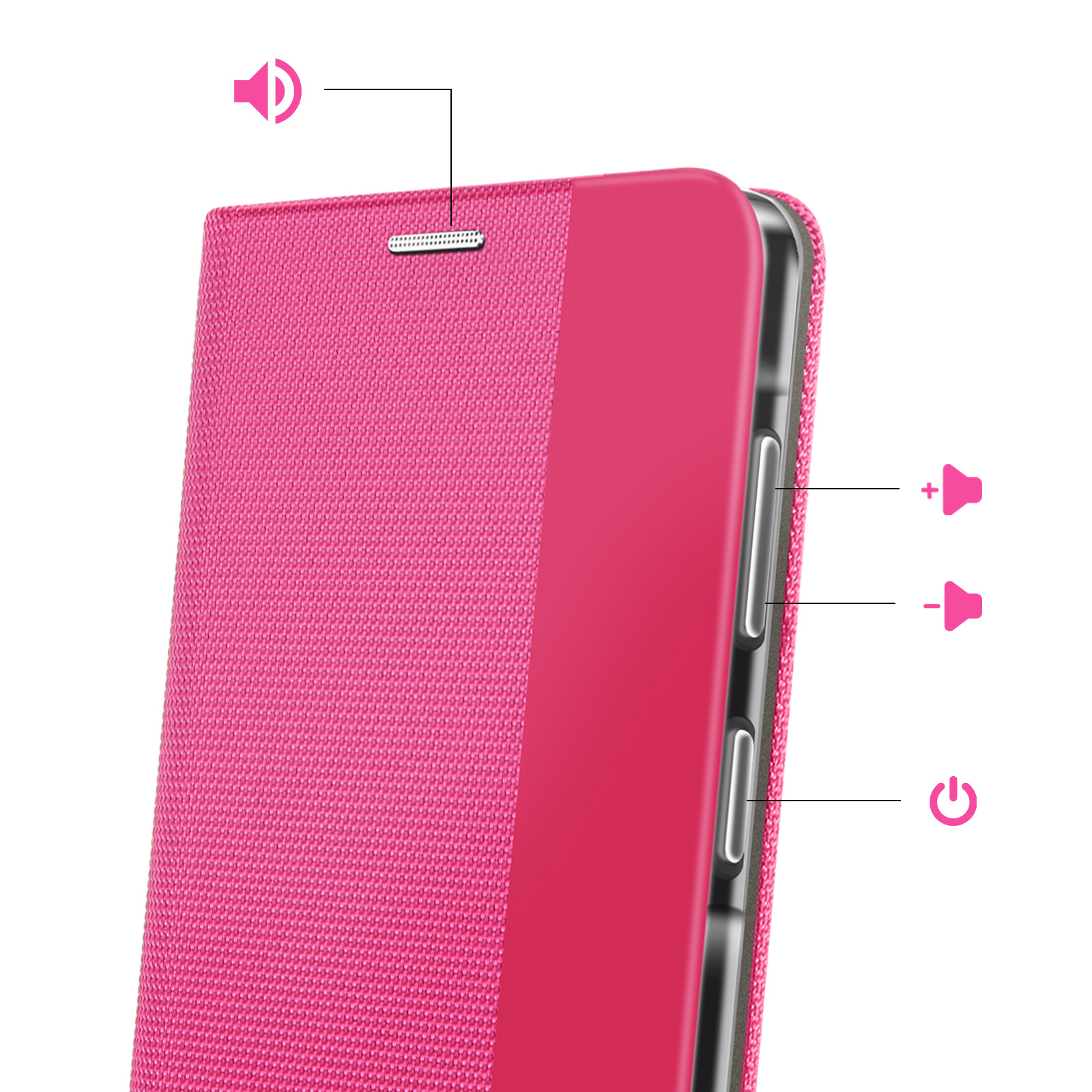 Primo piano di una custodia per telefono rosa che evidenzia i pulsanti del volume e di accensione.