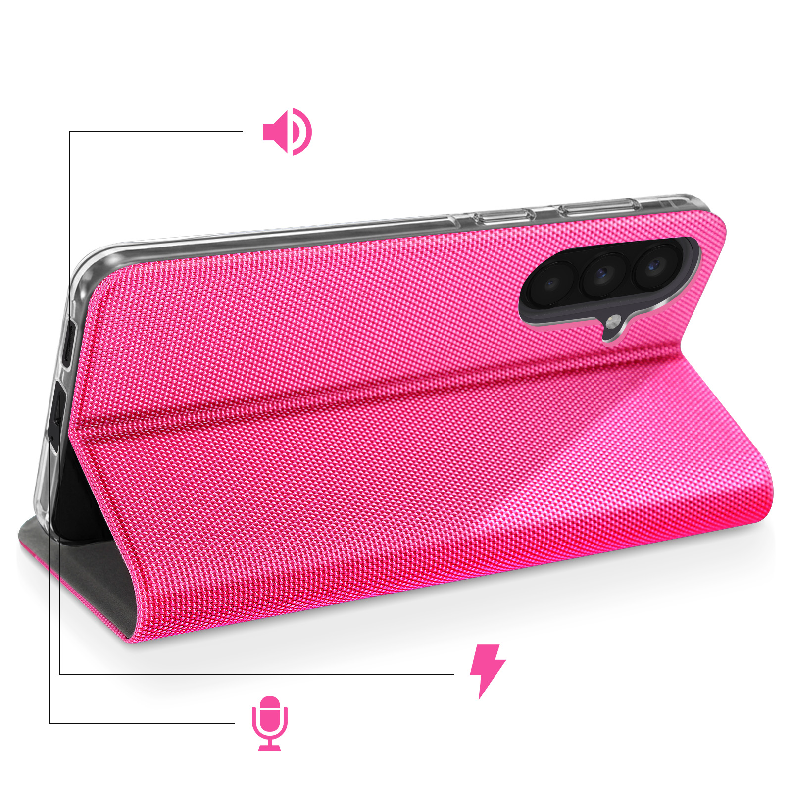 Una cover rosa in tessuto per telefono, aperta, mostra modulo fotocamera e pulsanti.