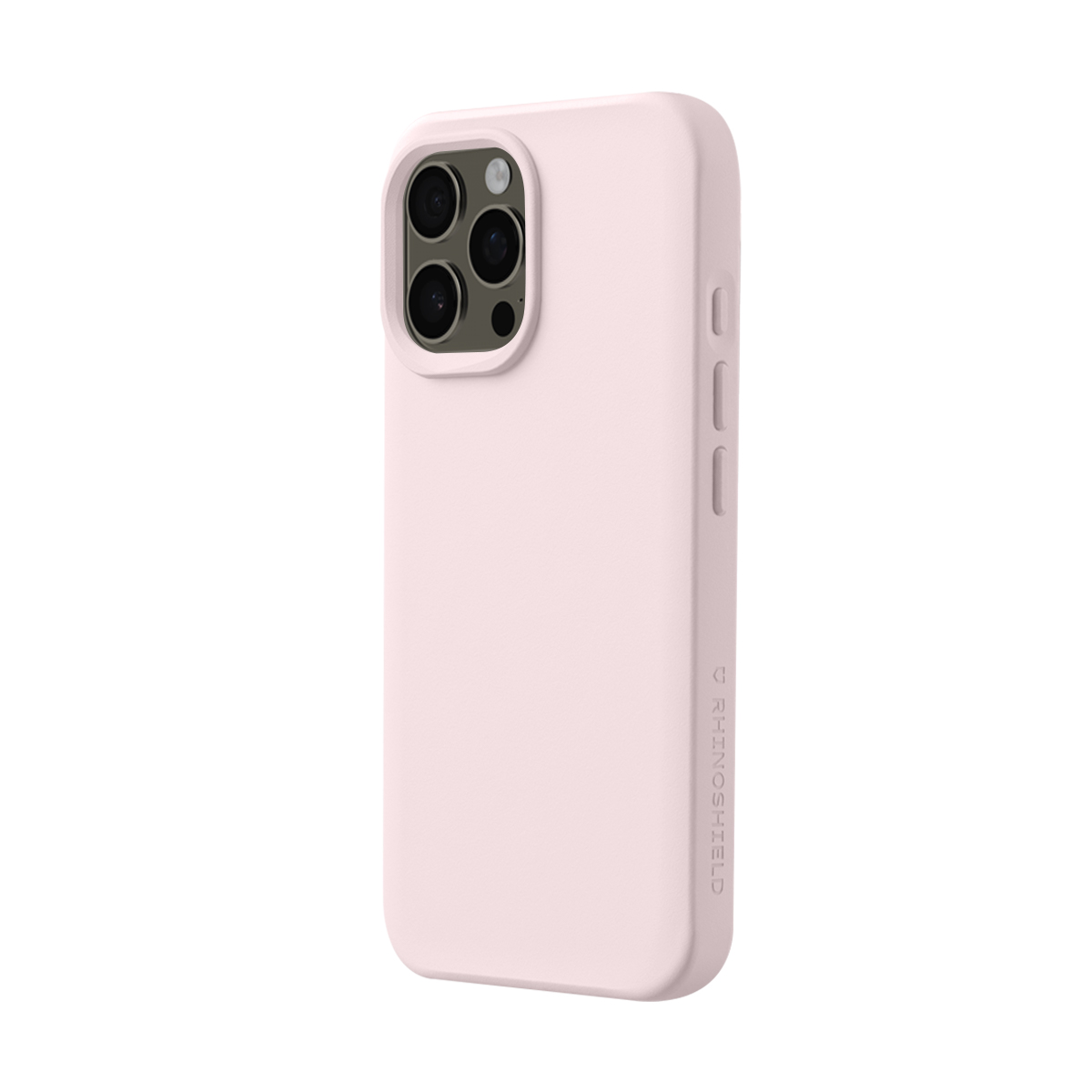 Une coque de téléphone rose pâle avec un module caméra sur le côté gauche.