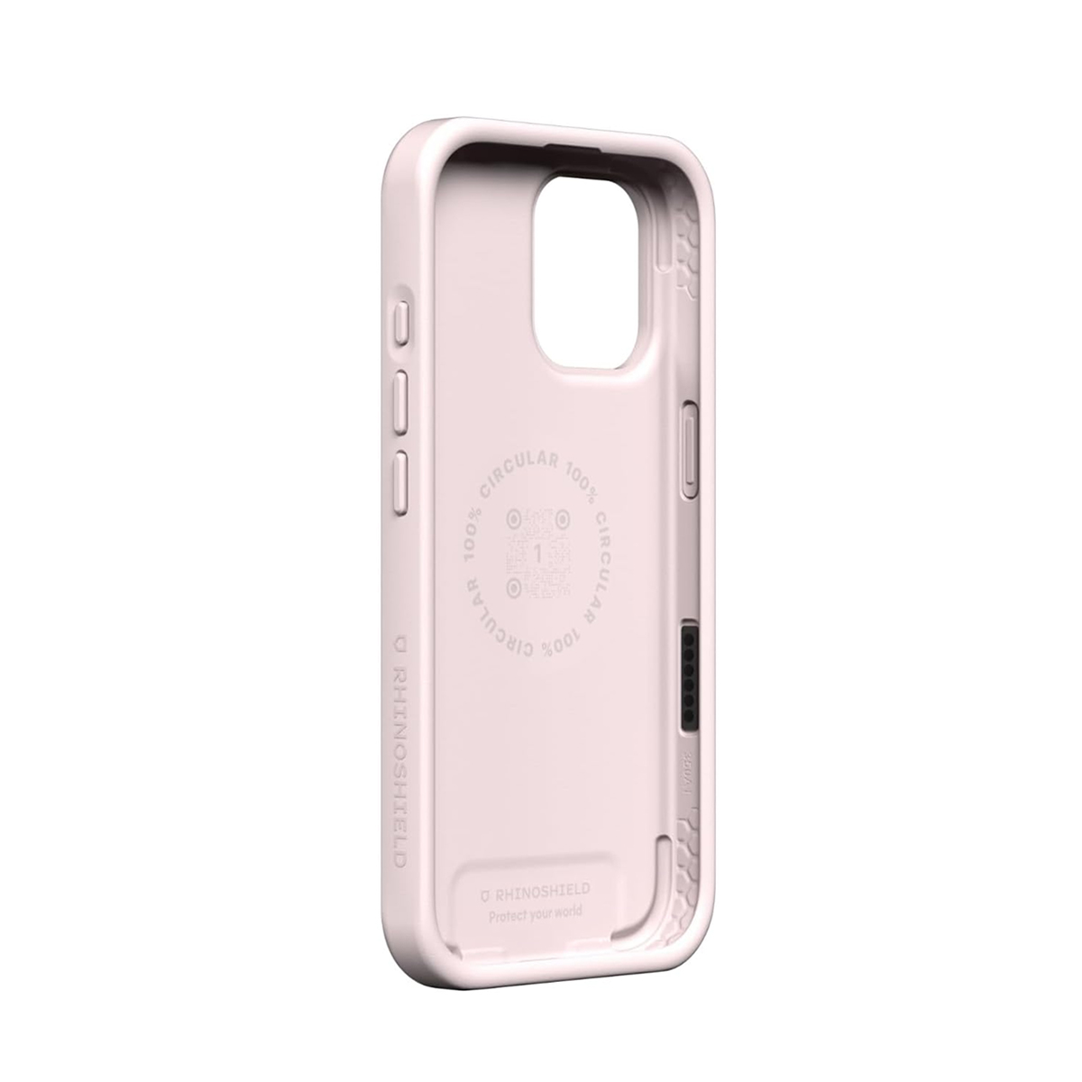 Une coque de téléphone rose pâle avec "100% CIRCULAR" imprimé à l'intérieur.