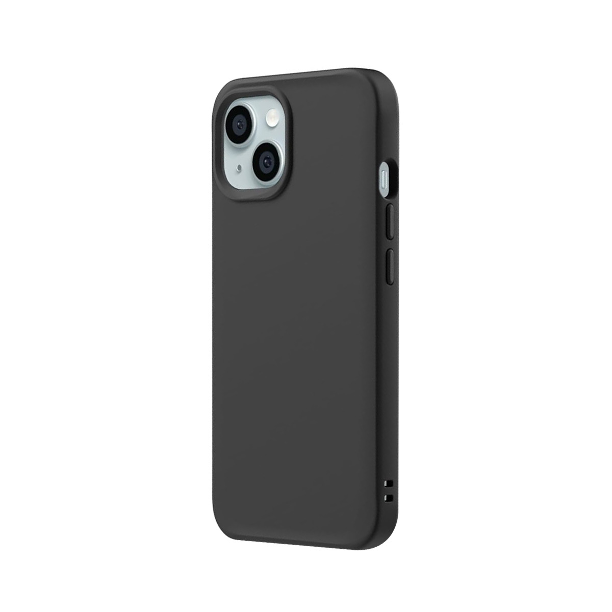 Une coque de téléphone noire avec deux objectifs photo et des boutons latéraux.