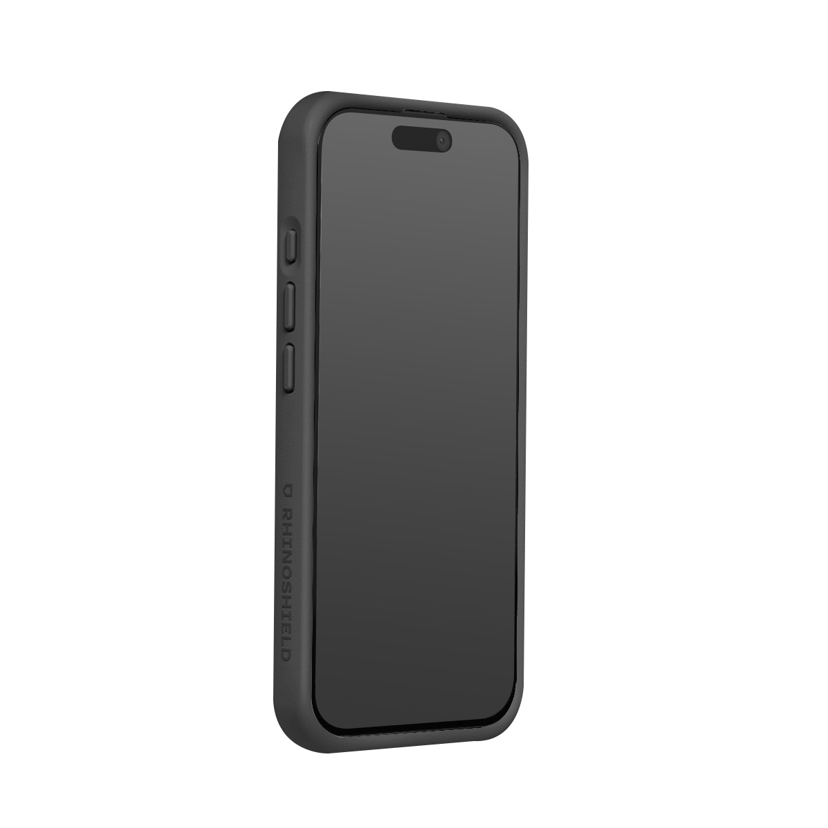 Un smartphone noir dans sa coque sur fond blanc.