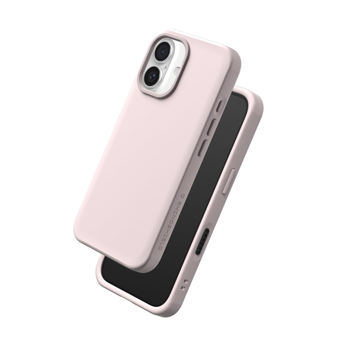 Un téléphone rose pâle avec deux caméras et un étui.