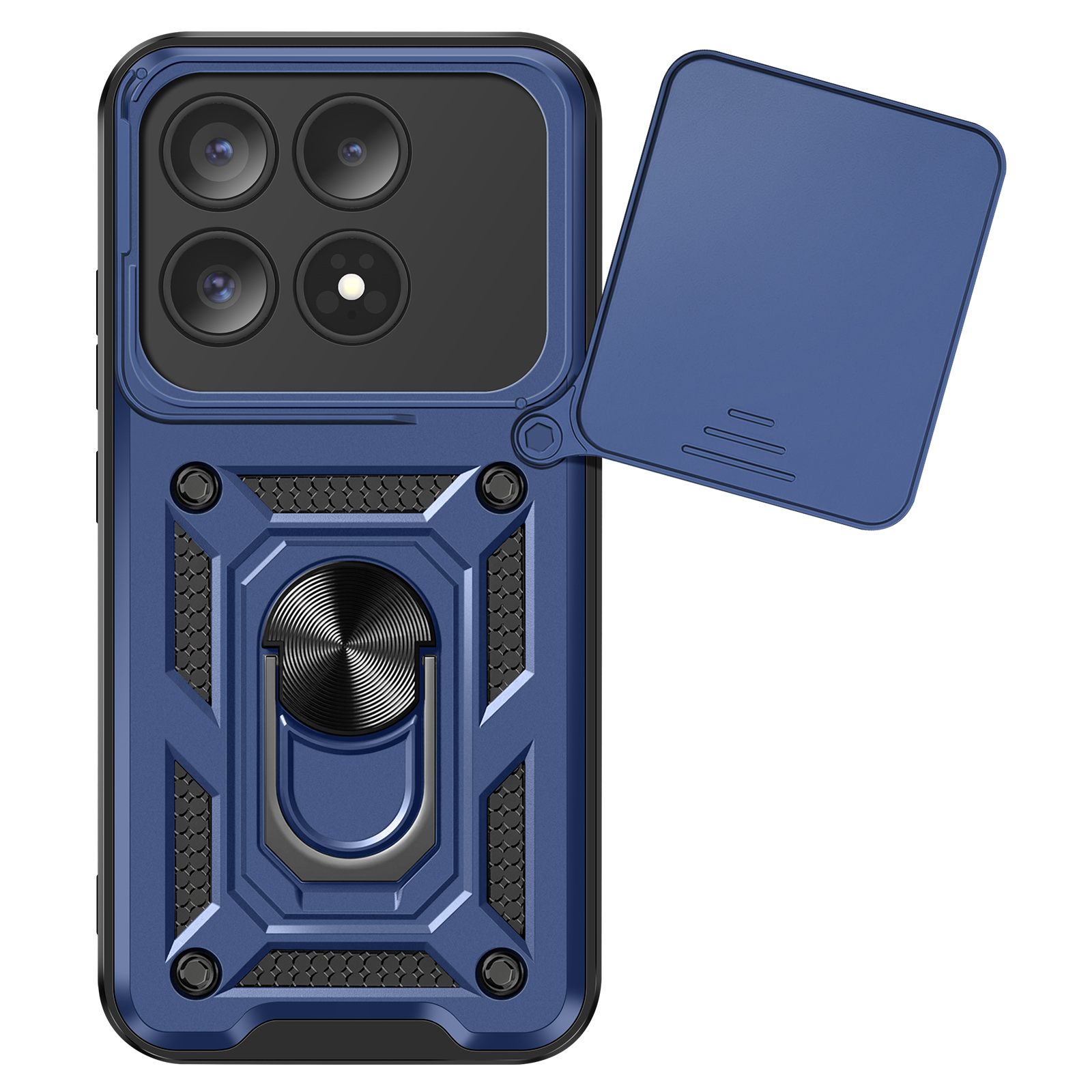 Une coque de téléphone bleue avec quatre caméras et un cache coulissant.