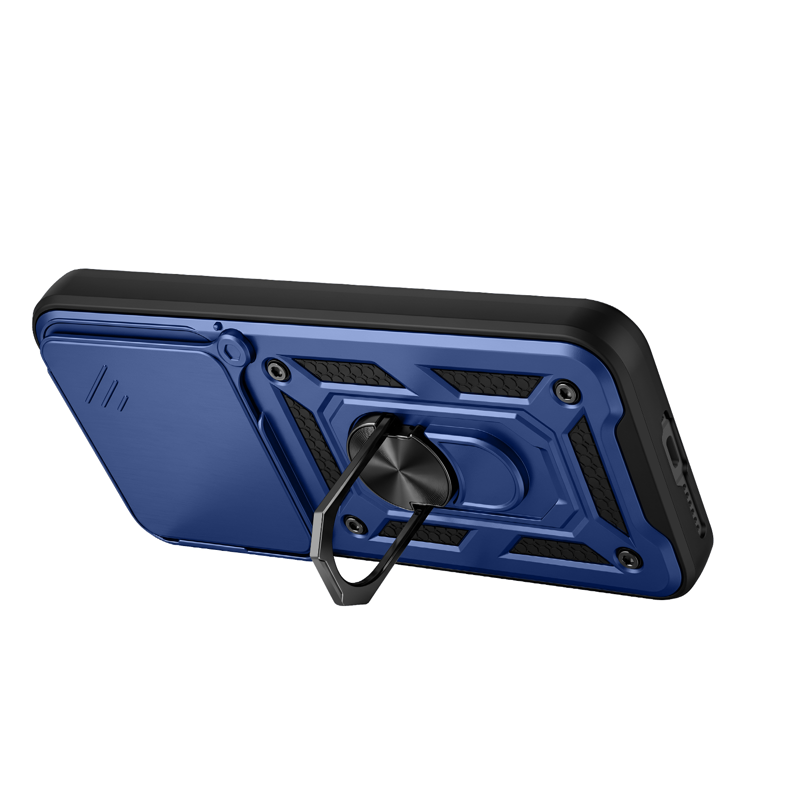 Une coque de téléphone bleue avec un support anneau noir et un motif nid d'abeille.