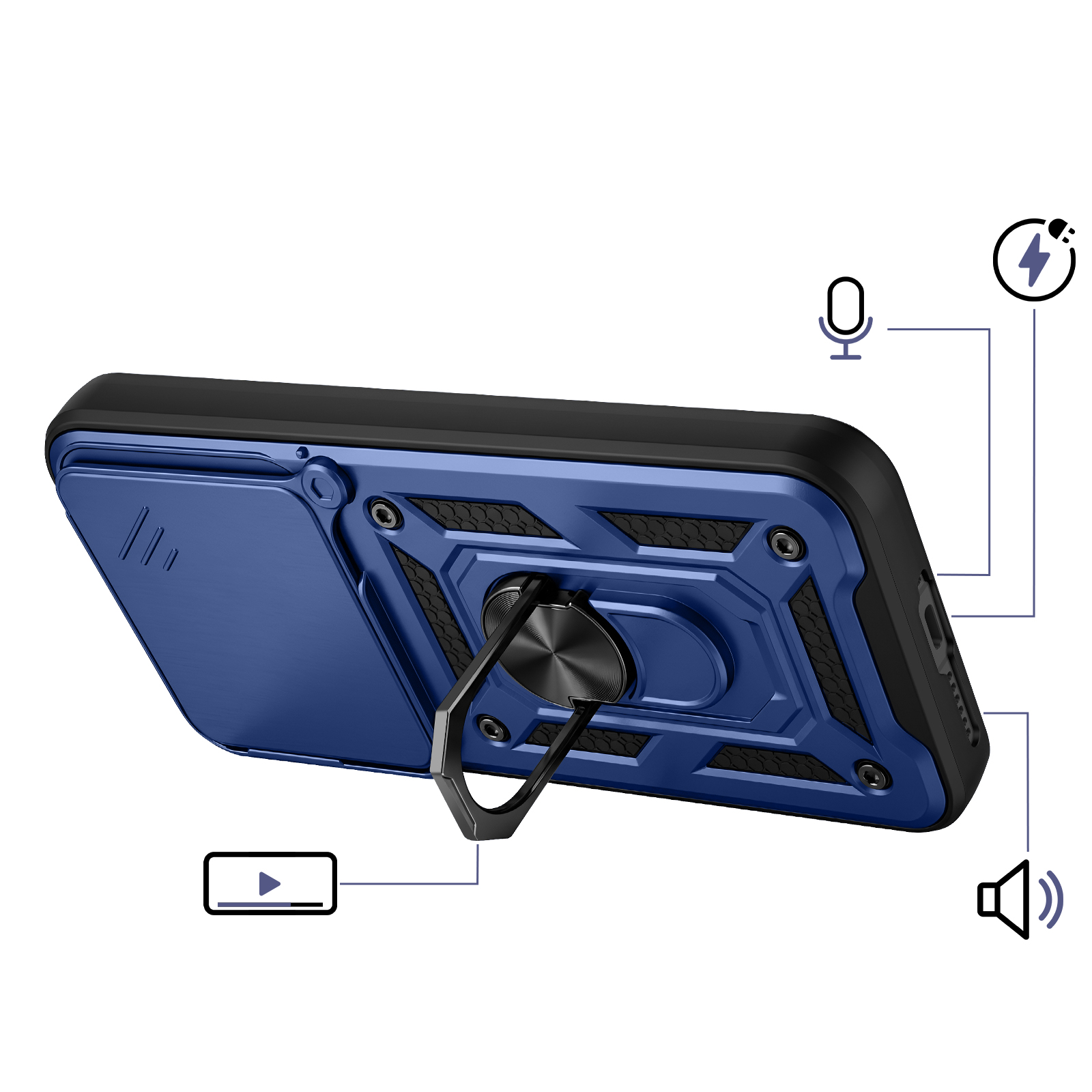 Coque de téléphone bleue avec support à anneau noir et icônes micro, port de charge.