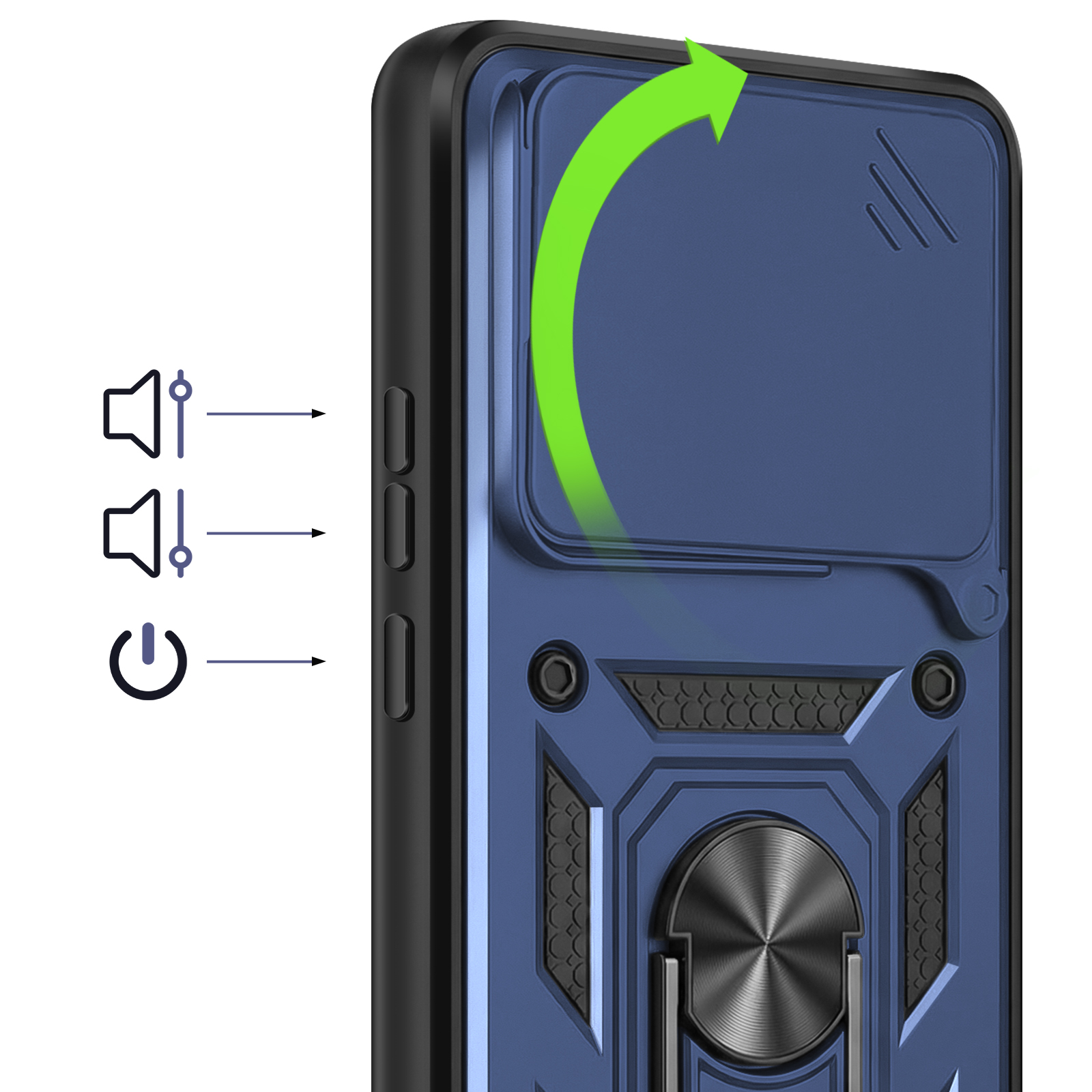 Coque de téléphone bleu foncé avec cache coulissant pour appareil photo et support anneau.