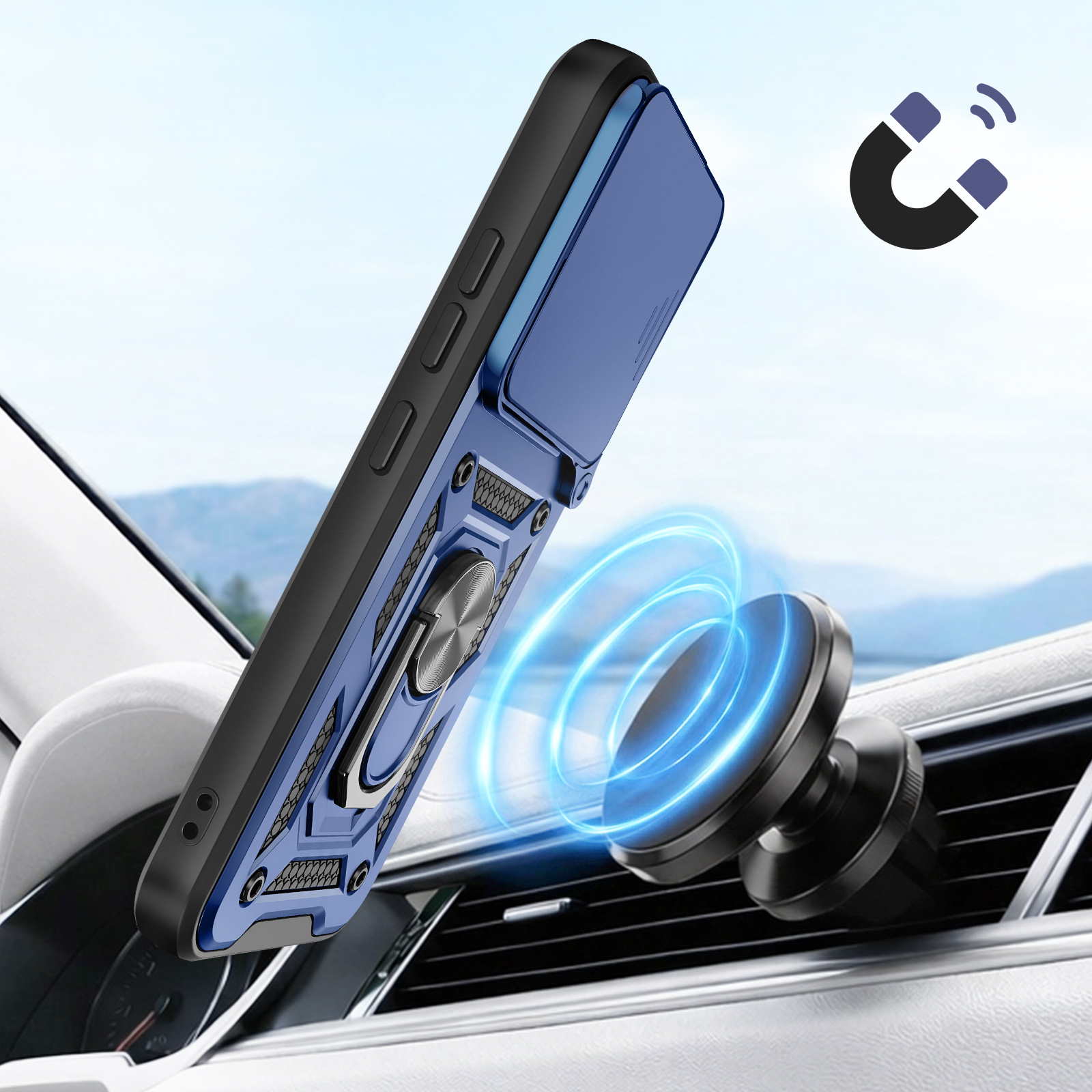 Coque de téléphone bleue avec support anneau fixée à la grille d'aération de voiture, support magnétique.