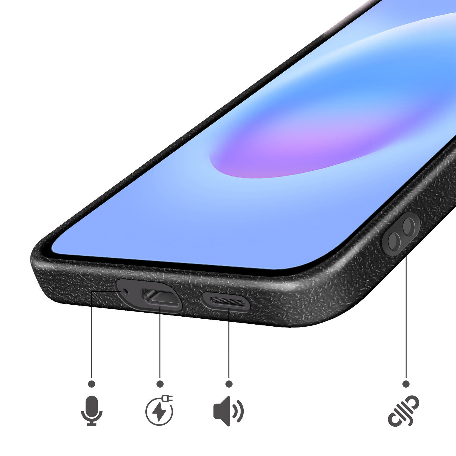 Primo piano della parte superiore di uno smartphone con porte e icone.