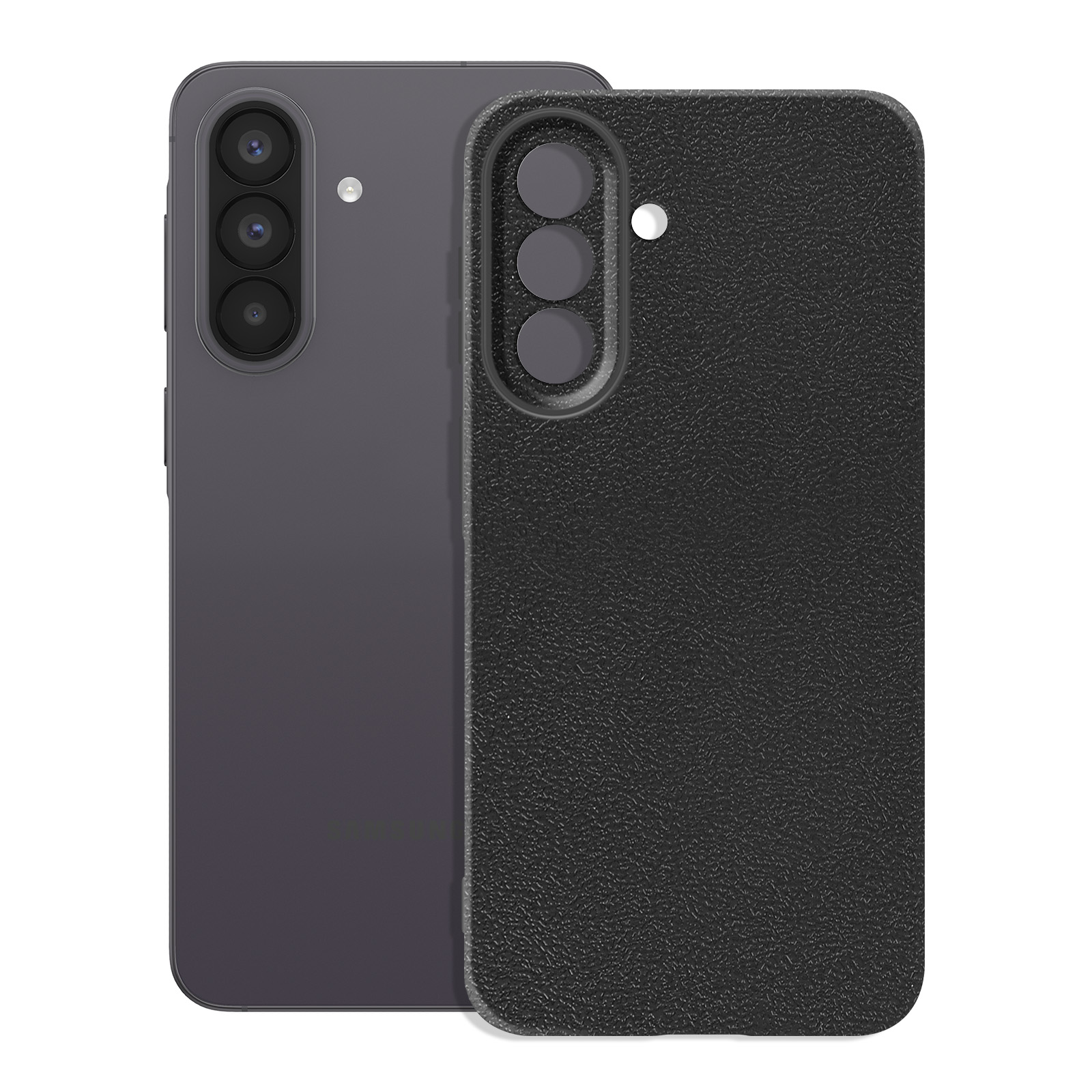 Uno smartphone scuro con tre fotocamere e una custodia protettiva nera.