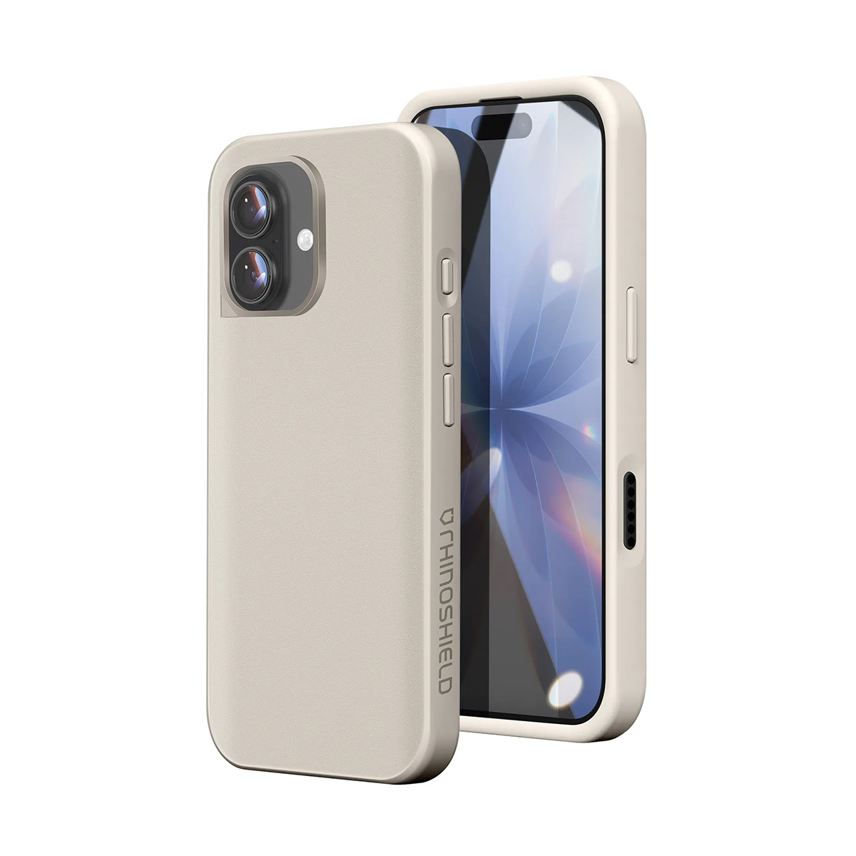 Una cover beige per telefono è mostrata con un telefono all'interno, isolata su bianco.