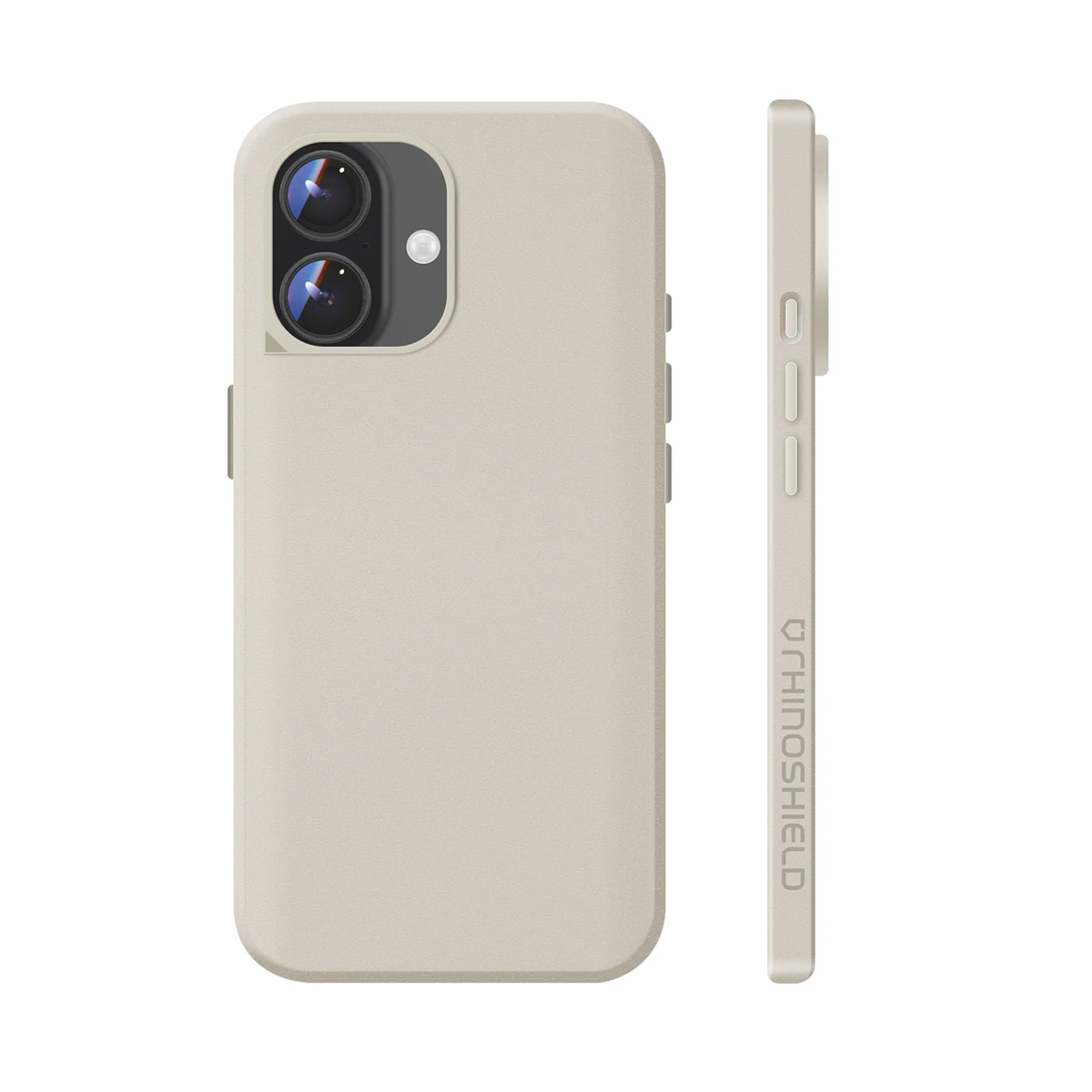 Una custodia per telefono beige che mostra il ritaglio della fotocamera e i pulsanti laterali.