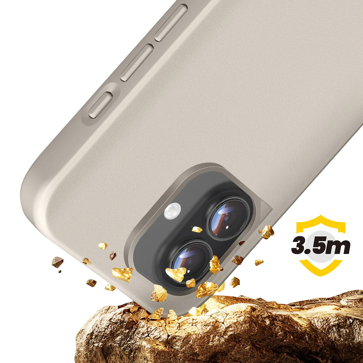 Una custodia beige per telefono cade su rocce. Frammenti d'oro volanti.