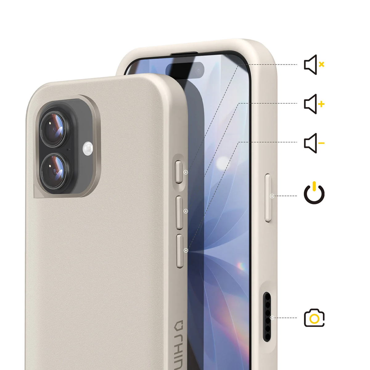 Uno smartphone beige con obiettivi della fotocamera e pulsanti.