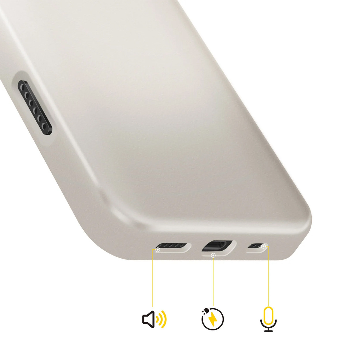 Primo piano di una cover per telefono beige chiaro che mostra porte e icone per altoparlante, ricarica e microfono.