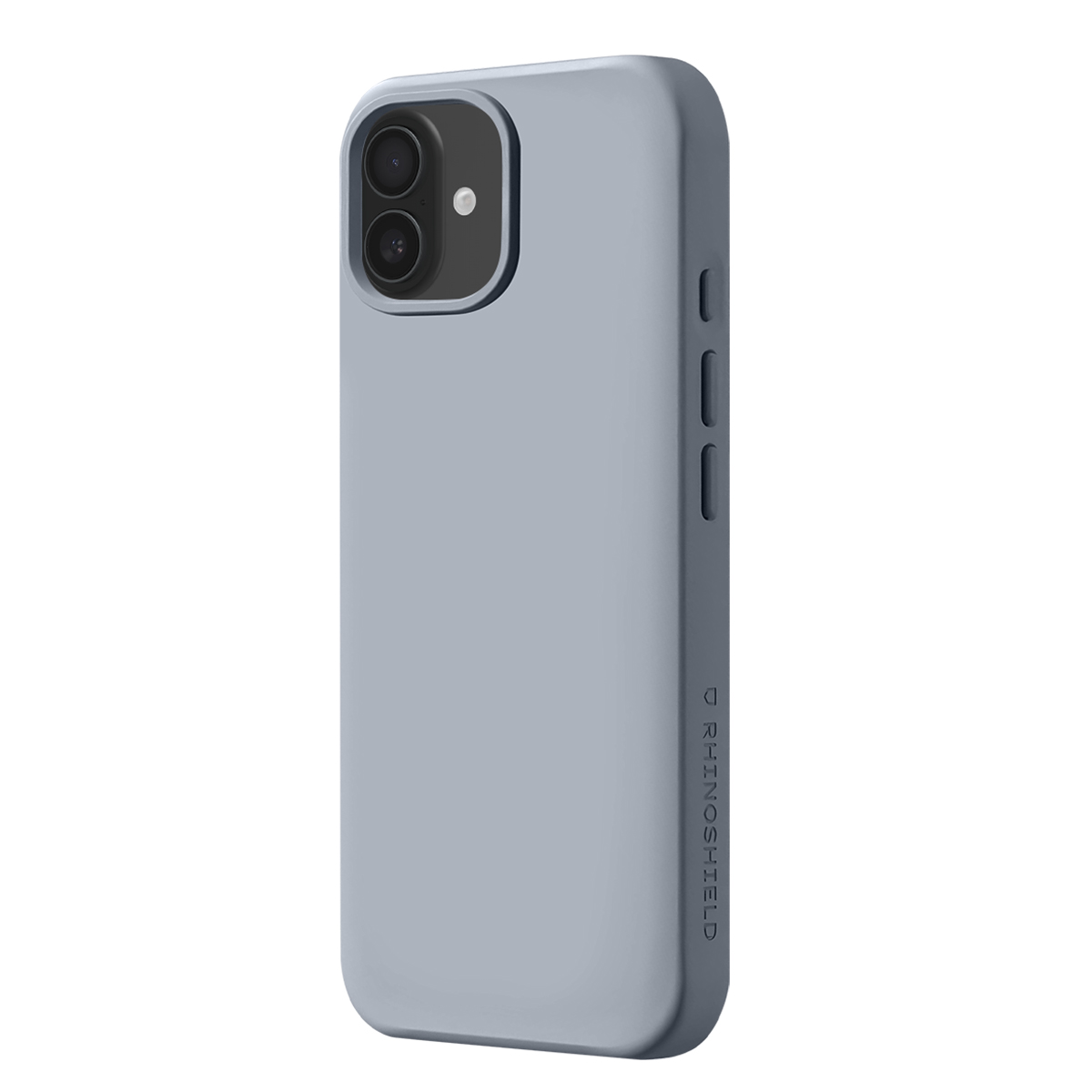 Une coque de téléphone grise avec deux caméras au dos.