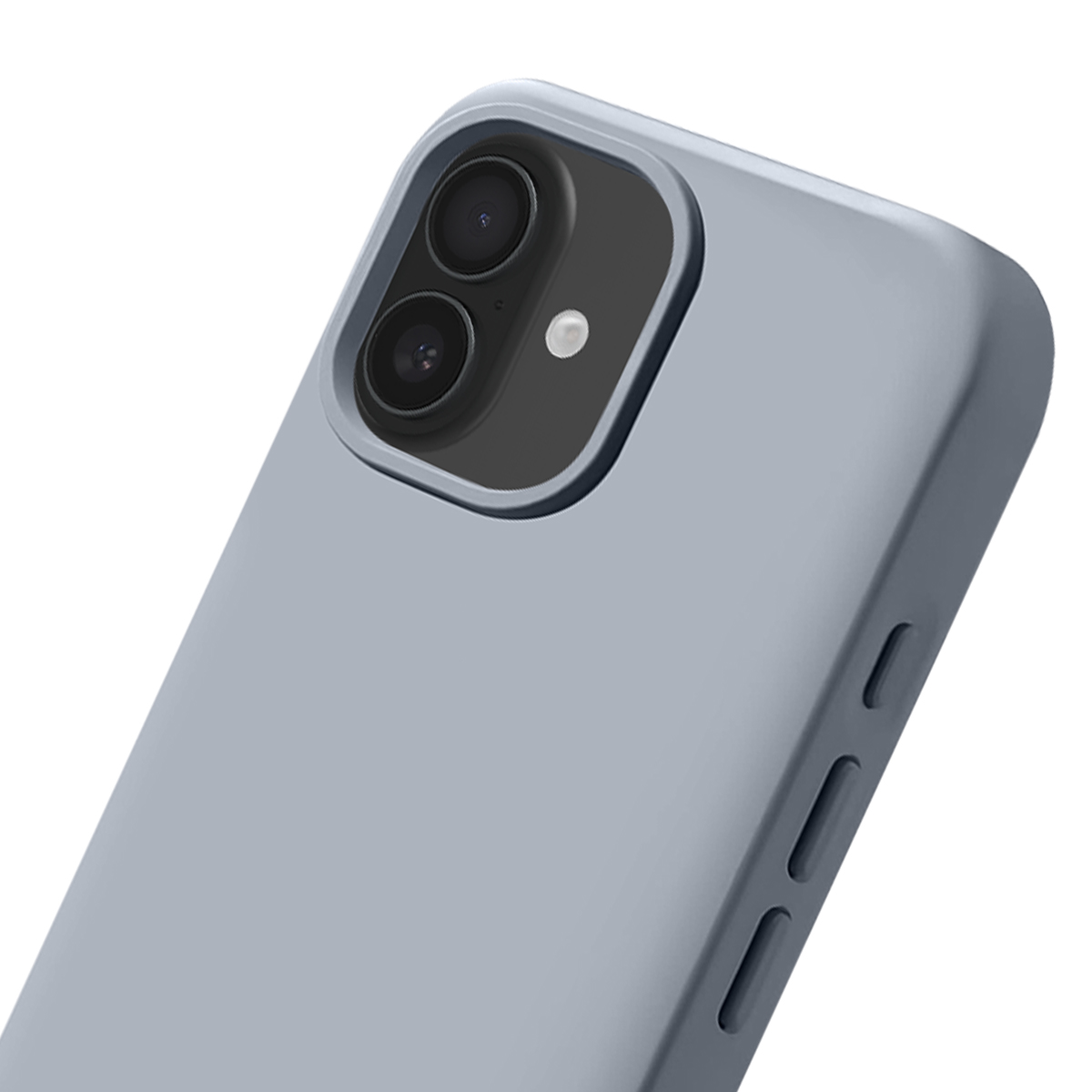 Coque de téléphone grise avec un système de caméra double objectif et flash.