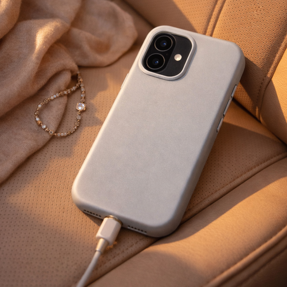 Un smartphone argenté avec câble de chargement repose sur un siège en cuir marron.