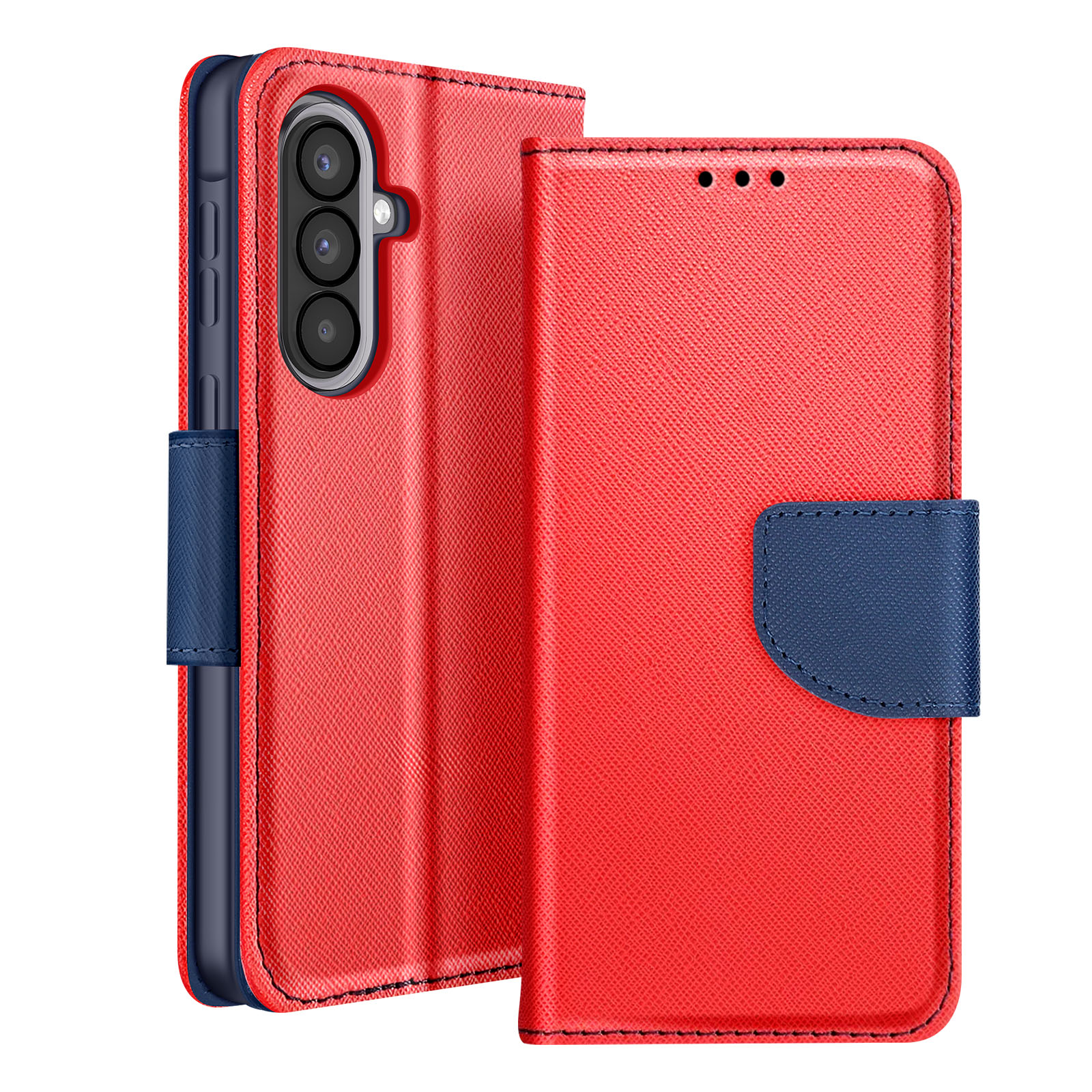 Custodia a libro rossa per telefono con chiusura blu scuro e apertura fotocamera.